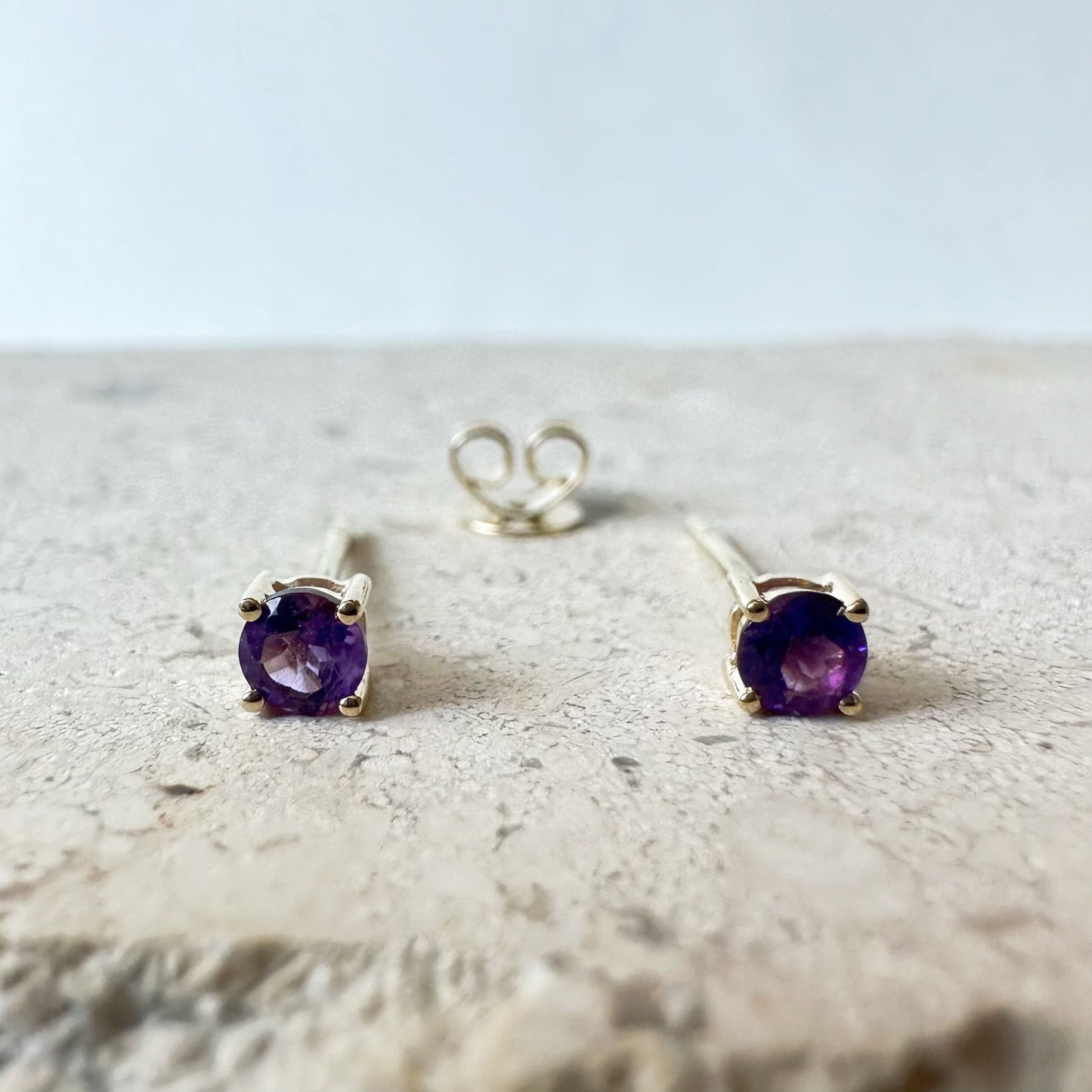 14K Solid Gold Genuine Amethyst 3mm Studs/Pair