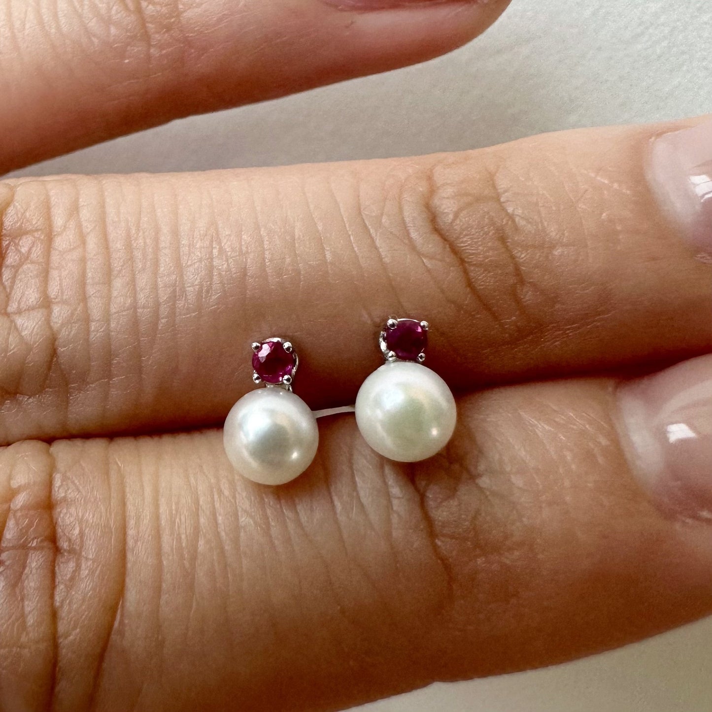 14K Solid Gold Genuine Akoya Pearl and Ruby Studs/Pair