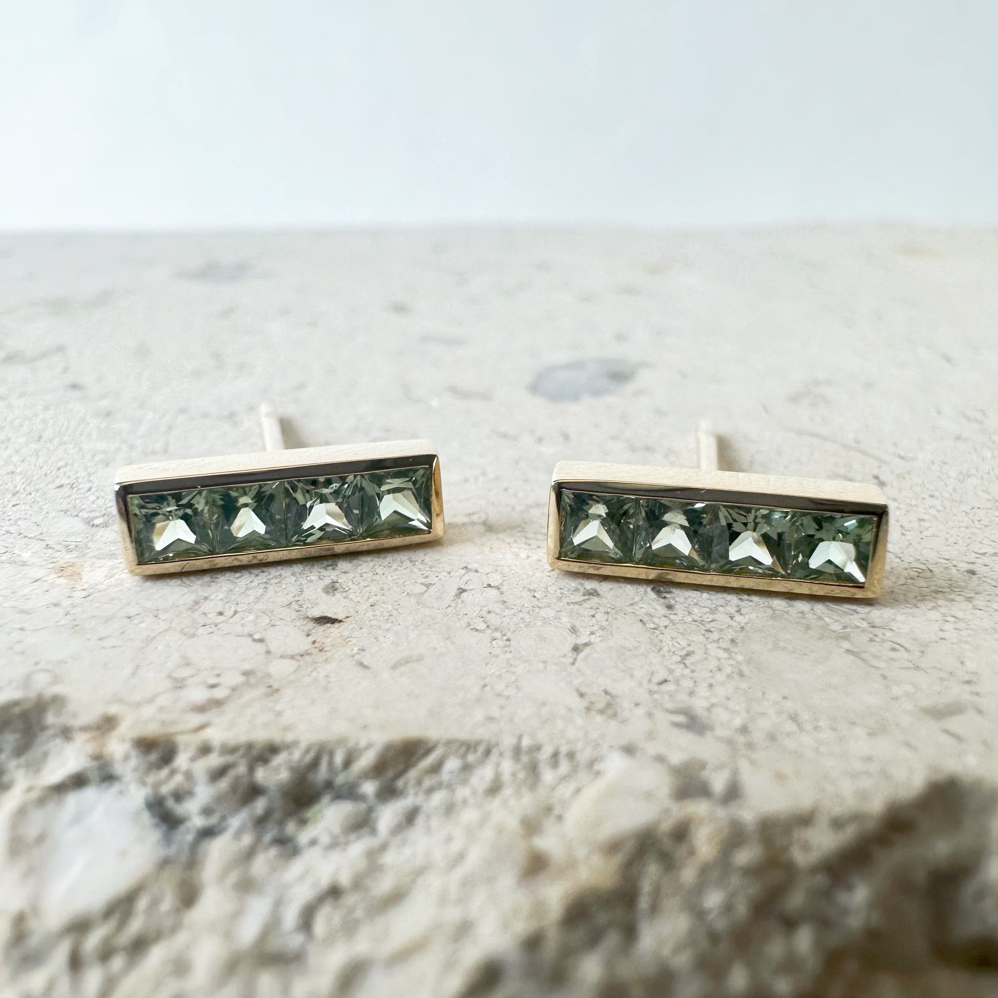 14K Solid Gold Genuine Green Sapphire Bezel Bar Studs/Pair