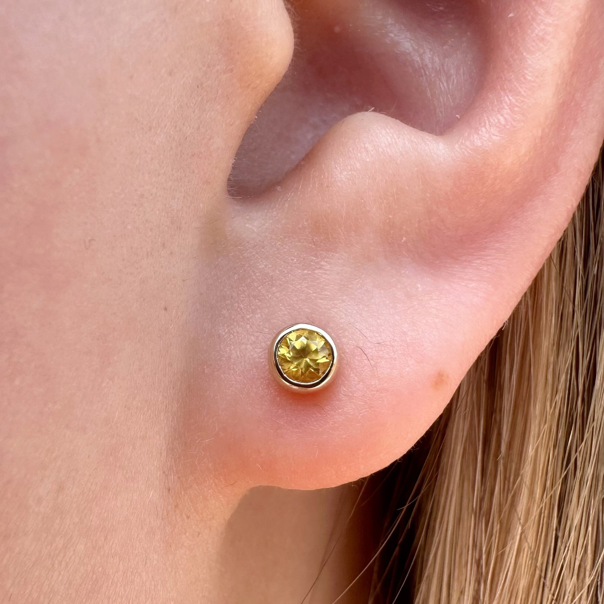 14K Solid Gold Genuine Yellow Sapphire Round Bezel Studs/Pair