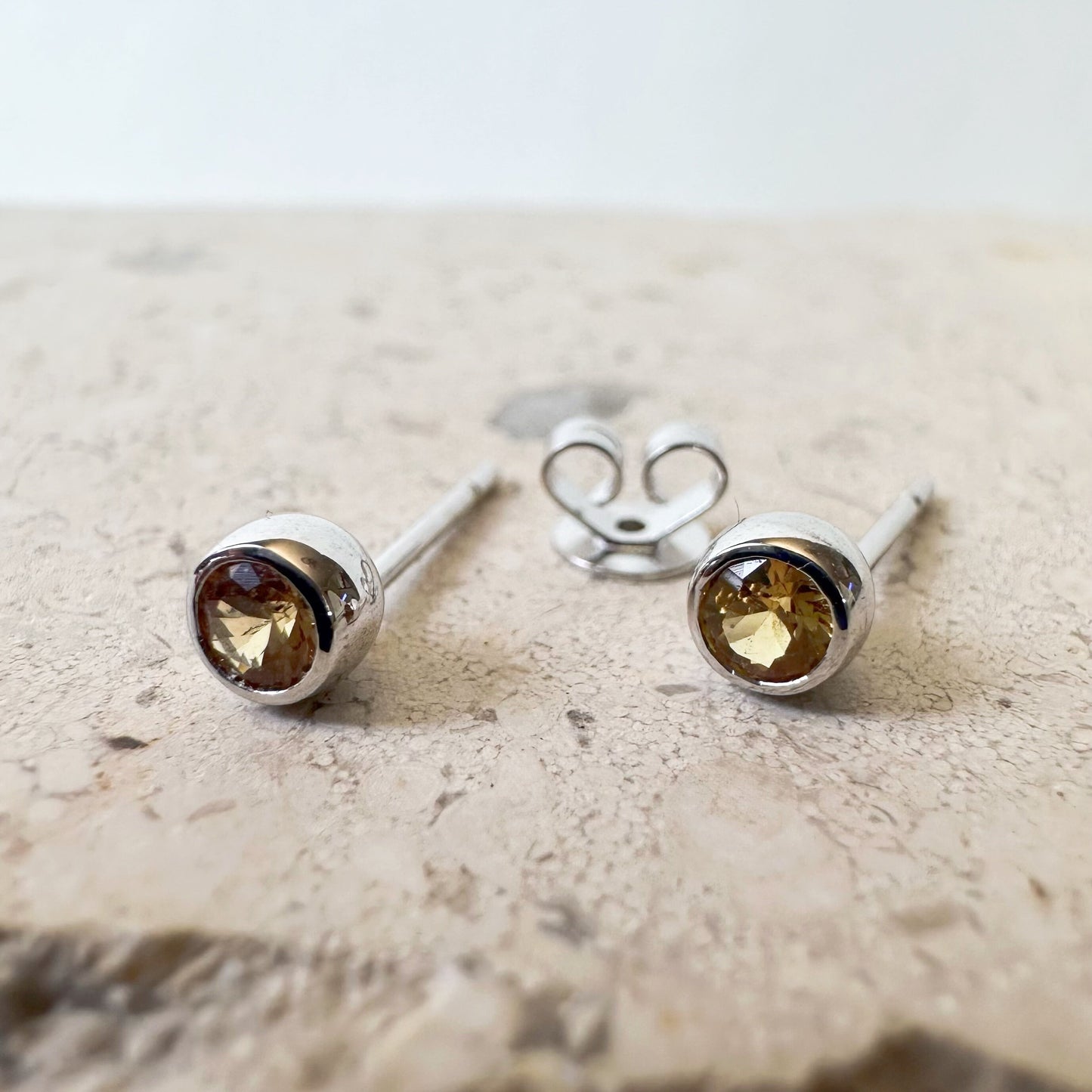 14K Solid Gold Genuine Yellow Sapphire Round Bezel Studs/Pair