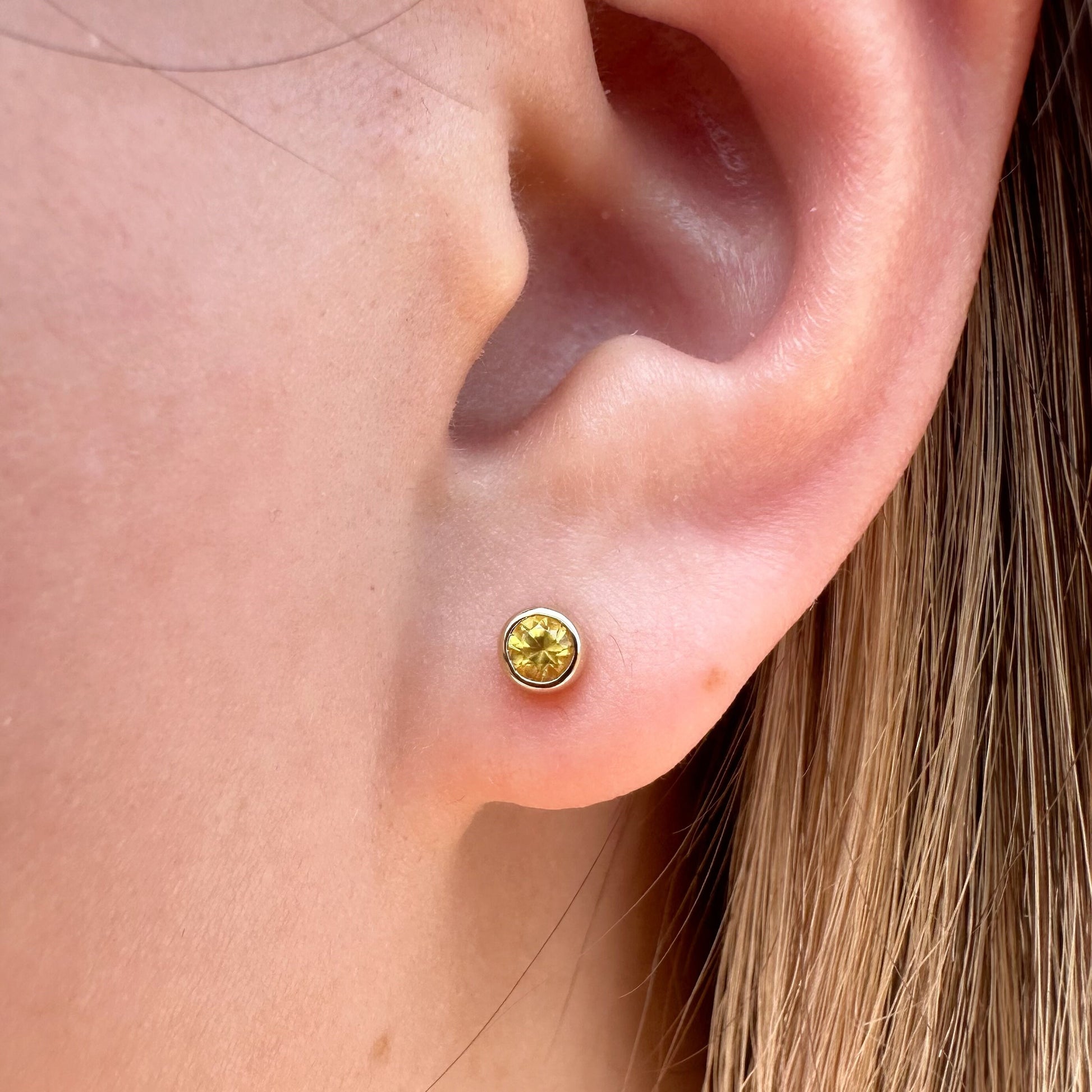 14K Solid Gold Genuine Yellow Sapphire Round Bezel Studs/Pair