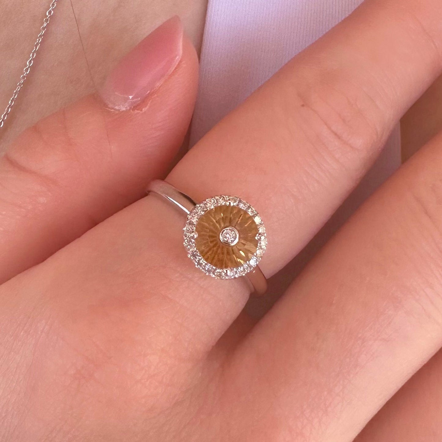 14K Solid White Gold Genuine Citrine and Diamond Ring