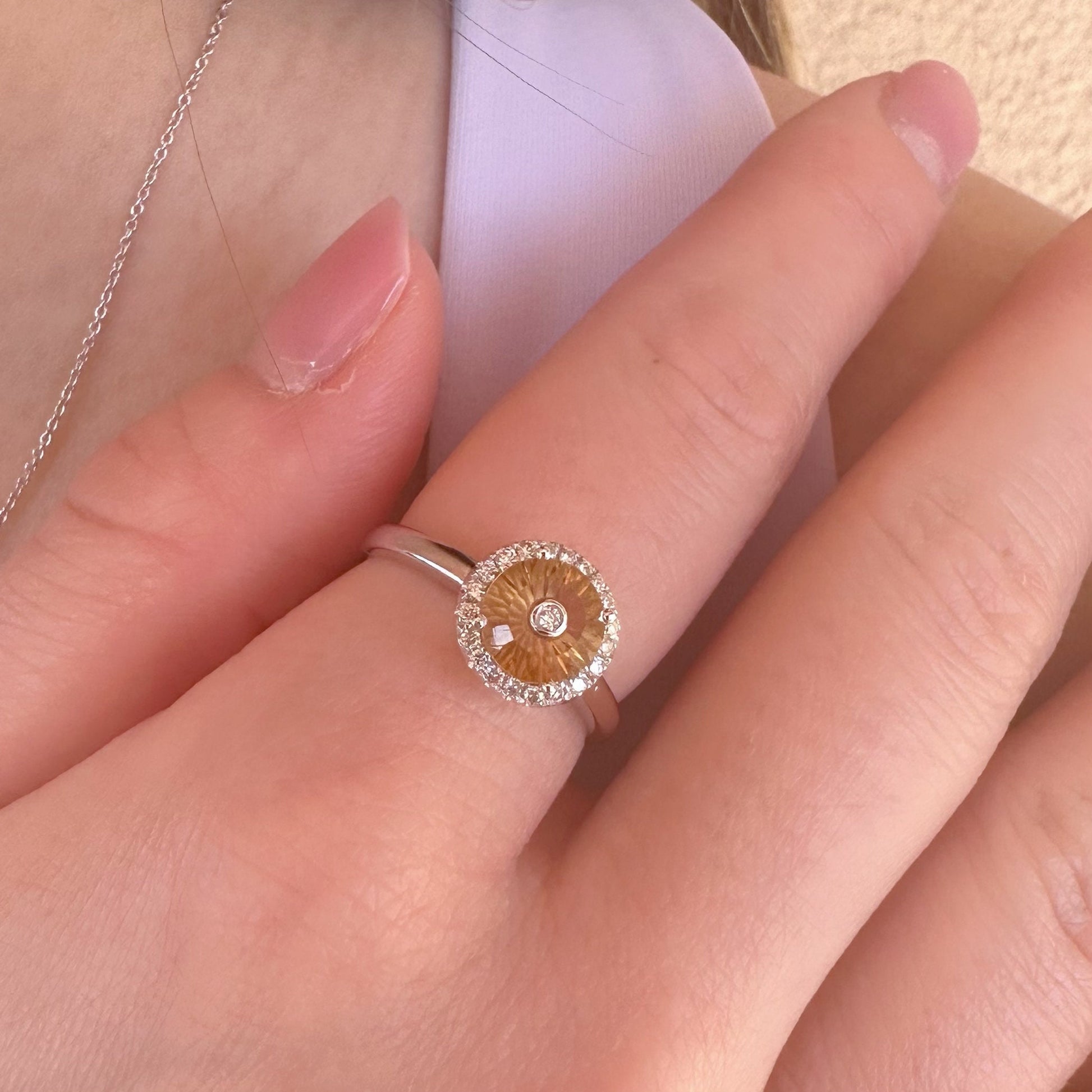 14K Solid White Gold Genuine Citrine and Diamond Ring