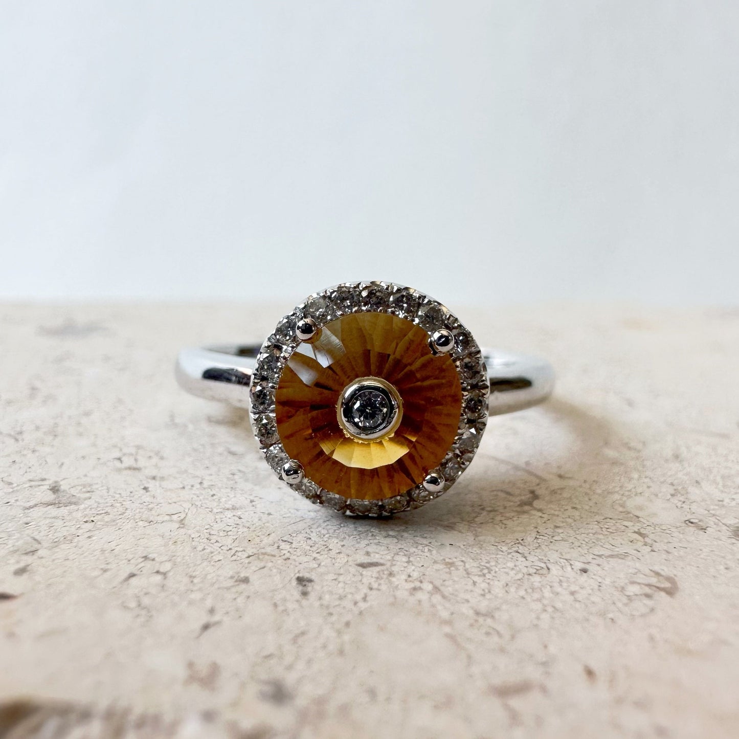 14K Solid White Gold Genuine Citrine and Diamond Ring