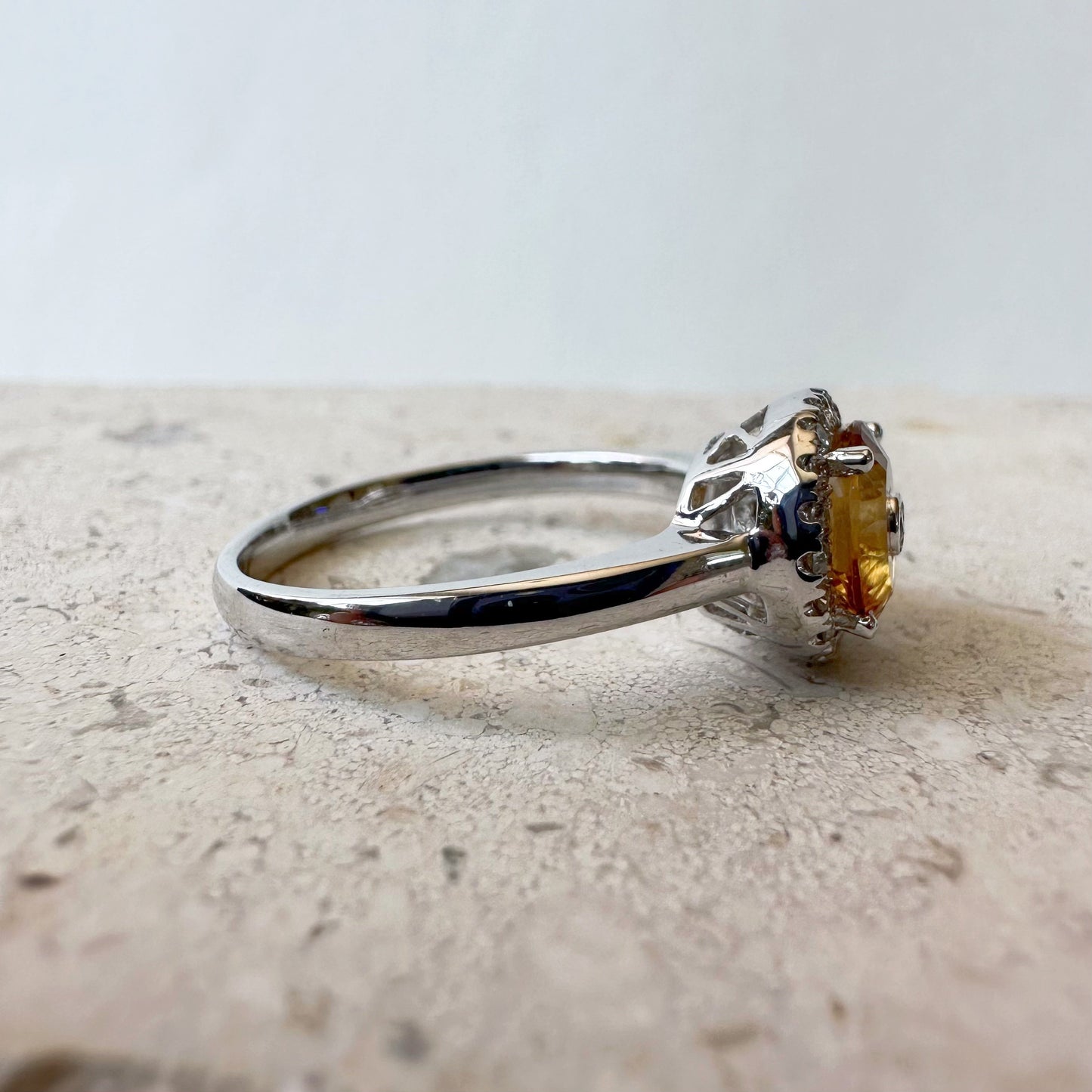 14K Solid White Gold Genuine Citrine and Diamond Ring