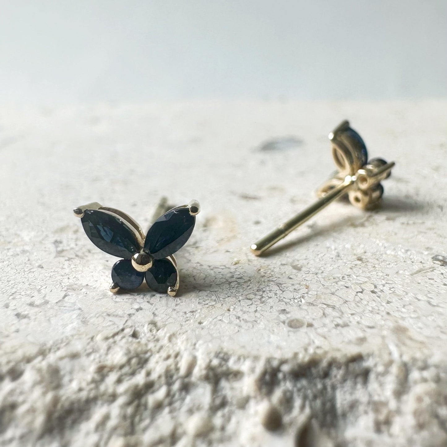 14K Solid Gold Genuine Sapphire Butterfly Studs/Pair