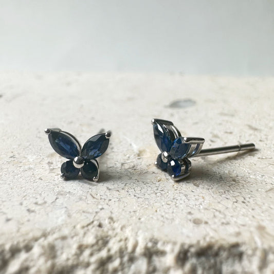 14K Solid Gold Genuine Sapphire Butterfly Studs/Pair