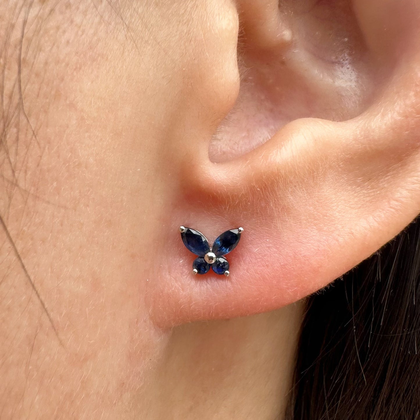 14K Solid Gold Genuine Sapphire Butterfly Studs/Pair