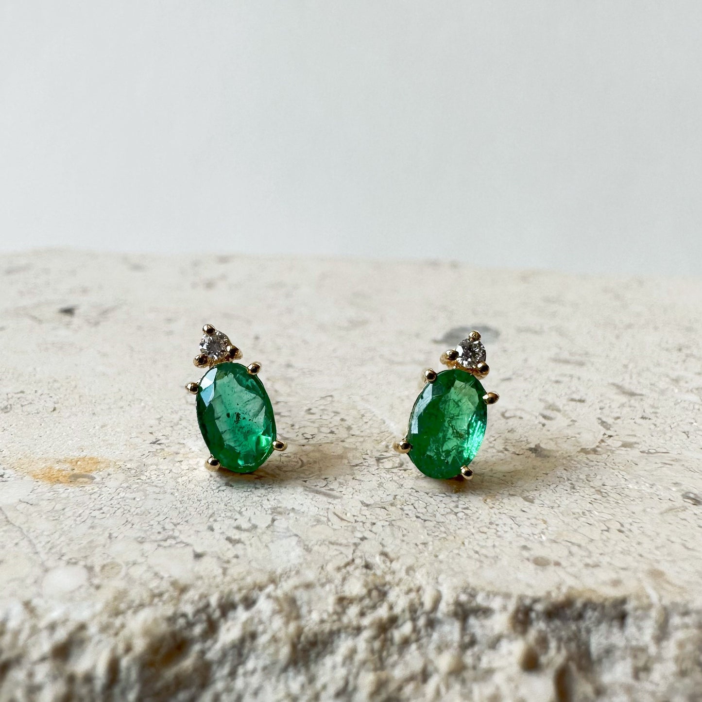 14K Solid Gold Genuine Emerald and Diamond Stacked Studs/Pair