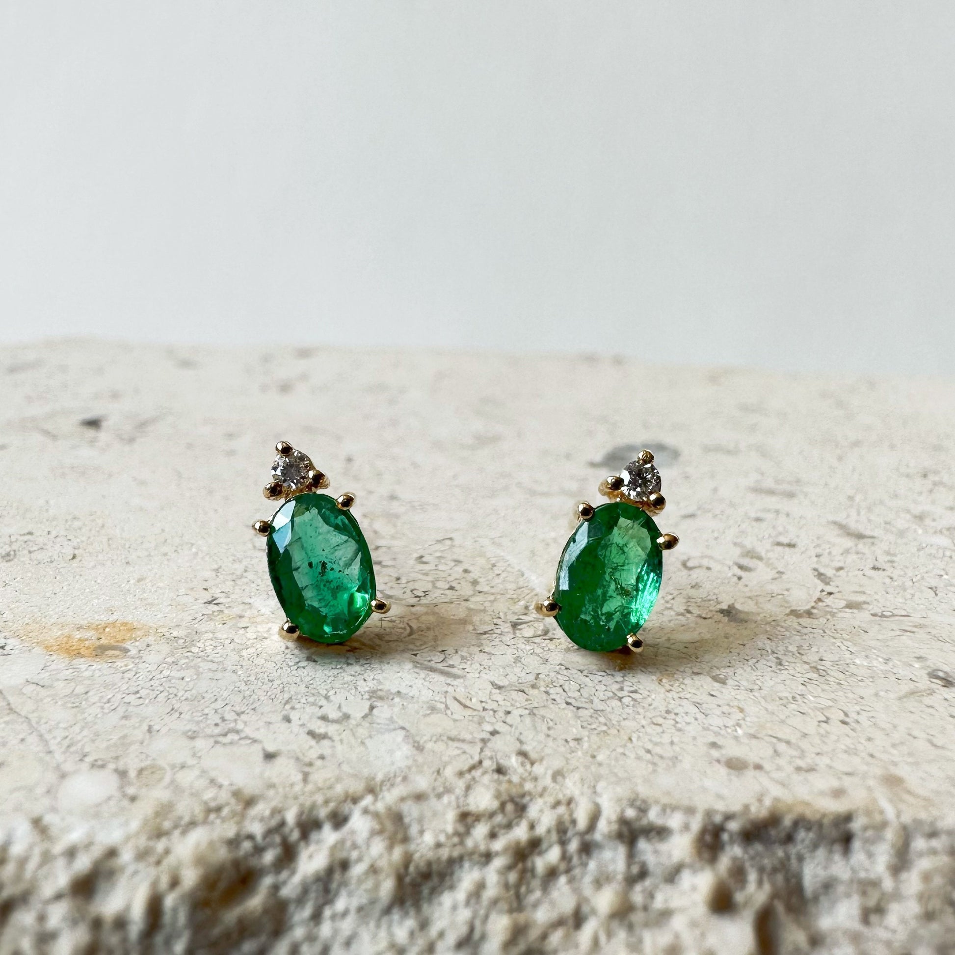 14K Solid Gold Genuine Emerald and Diamond Stacked Studs/Pair