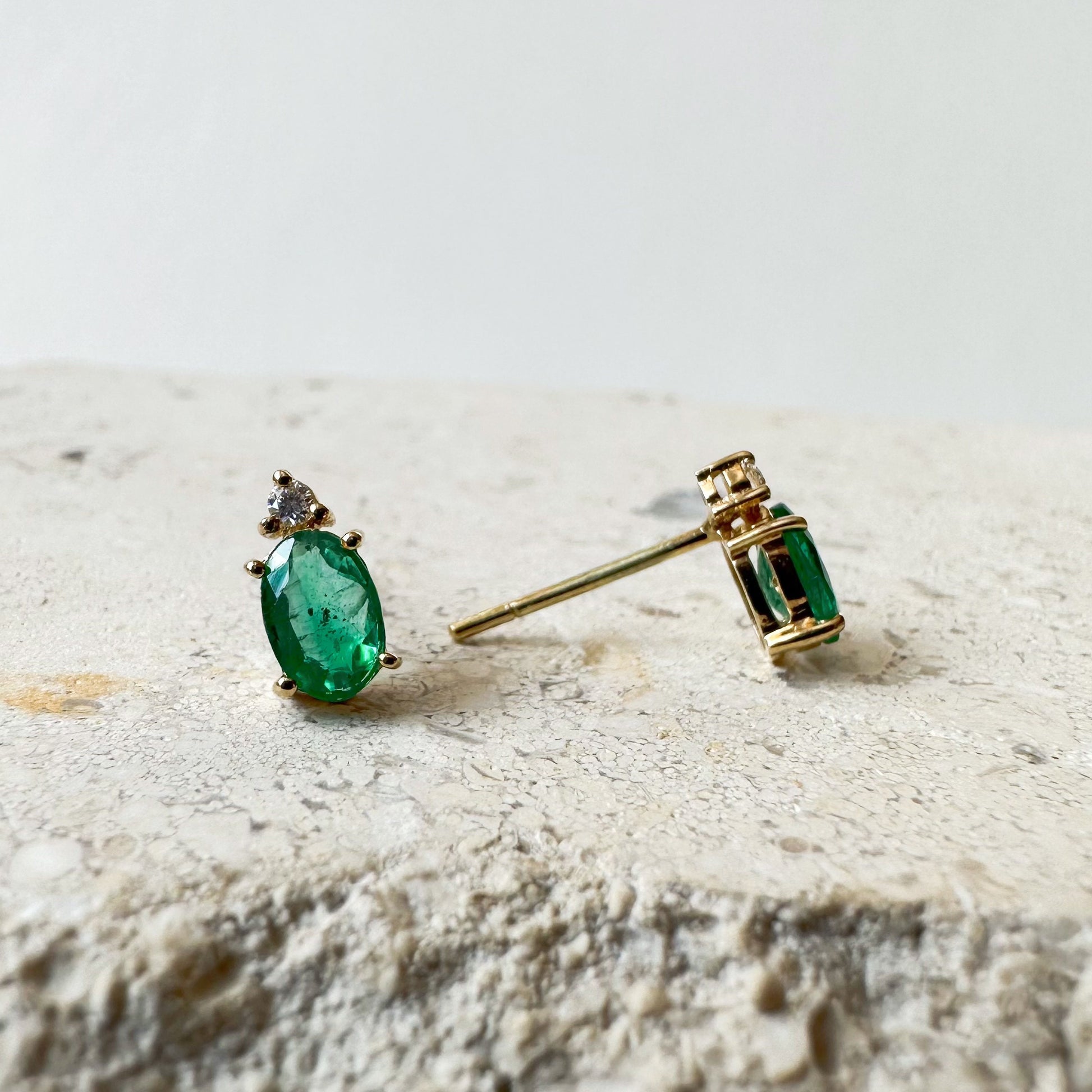 14K Solid Gold Genuine Emerald and Diamond Stacked Studs/Pair