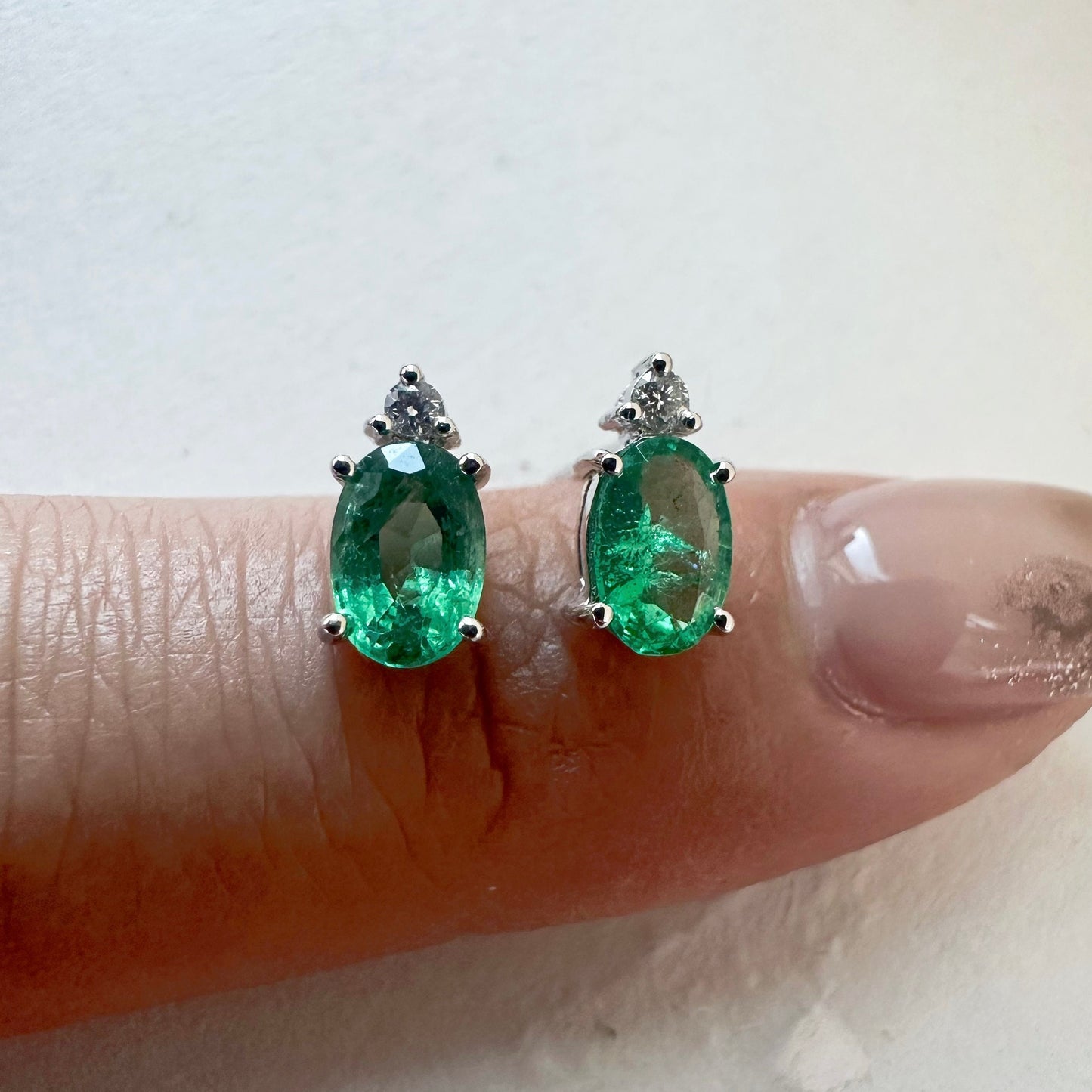 14K Solid Gold Genuine Emerald and Diamond Stacked Studs/Pair