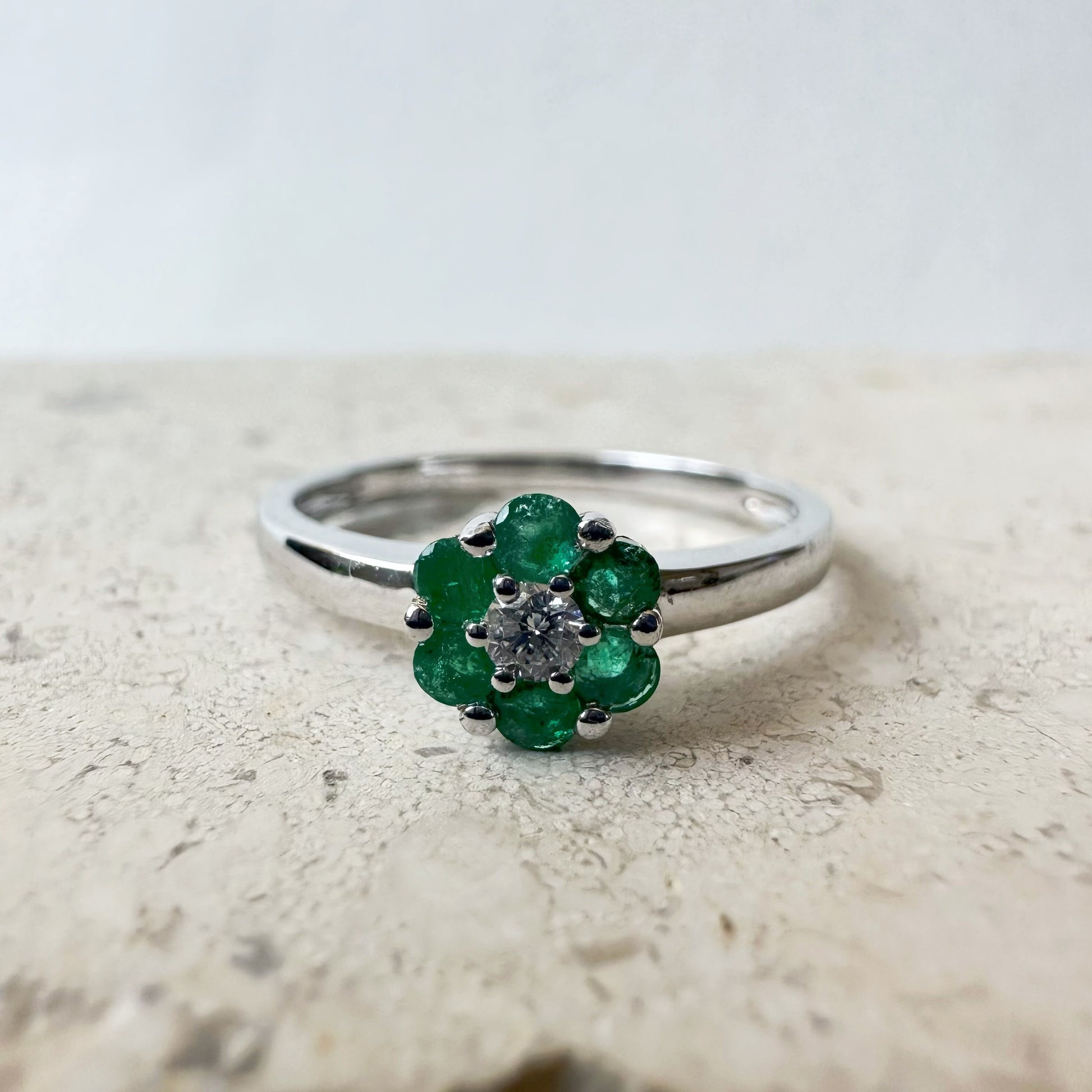 14K Solid White Gold Genuine Emerald and Diamond Flower Ring
