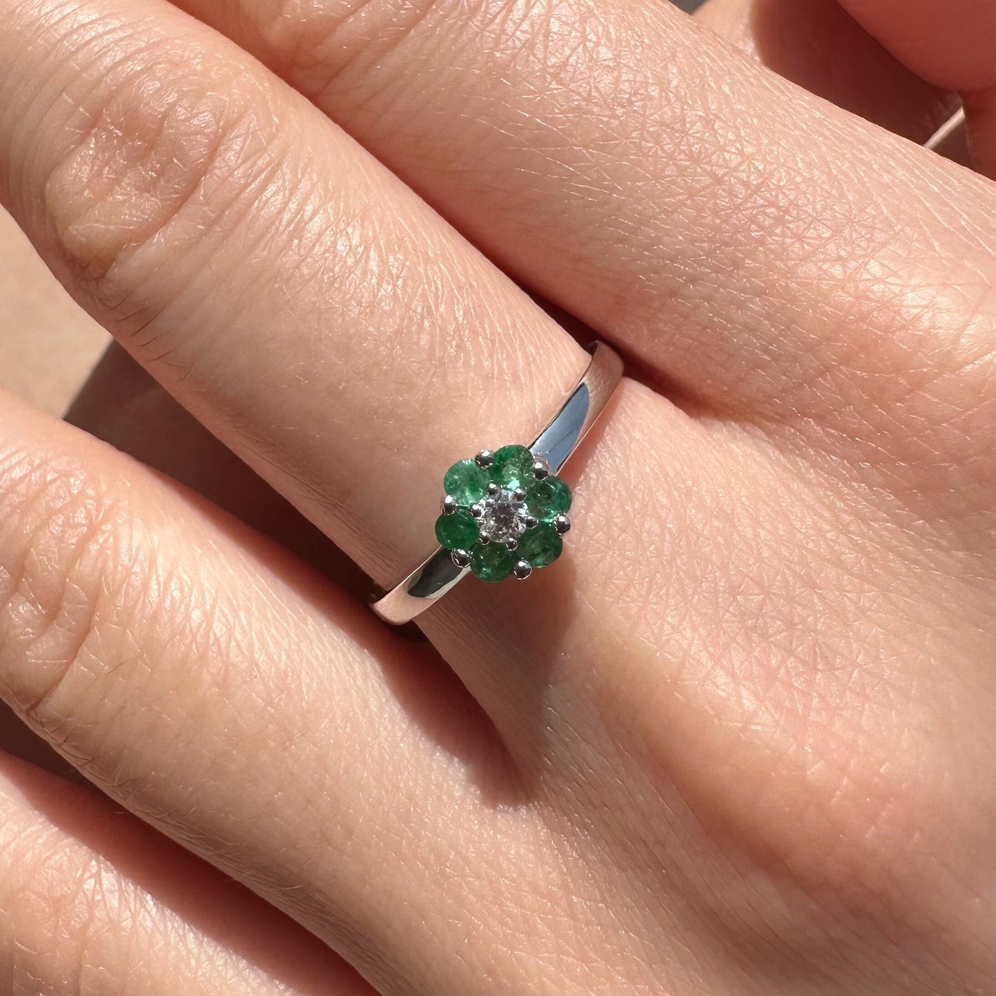 14K Solid White Gold Genuine Emerald and Diamond Flower Ring