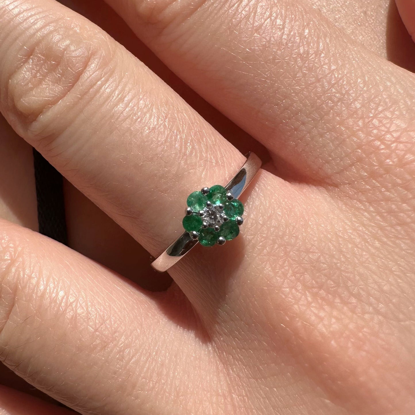 14K Solid White Gold Genuine Emerald and Diamond Flower Ring