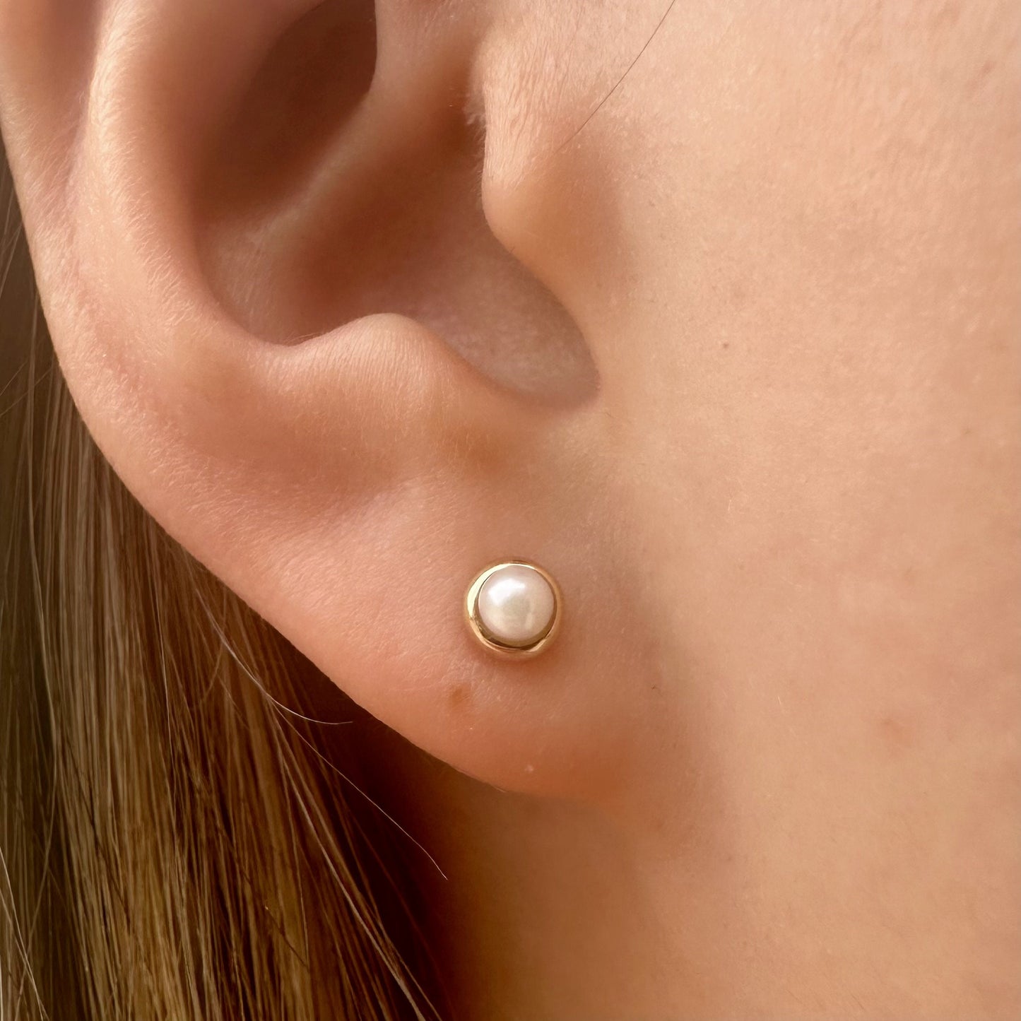 14K Solid Gold Genuine Akoya Pearl Bezel Studs/Pair