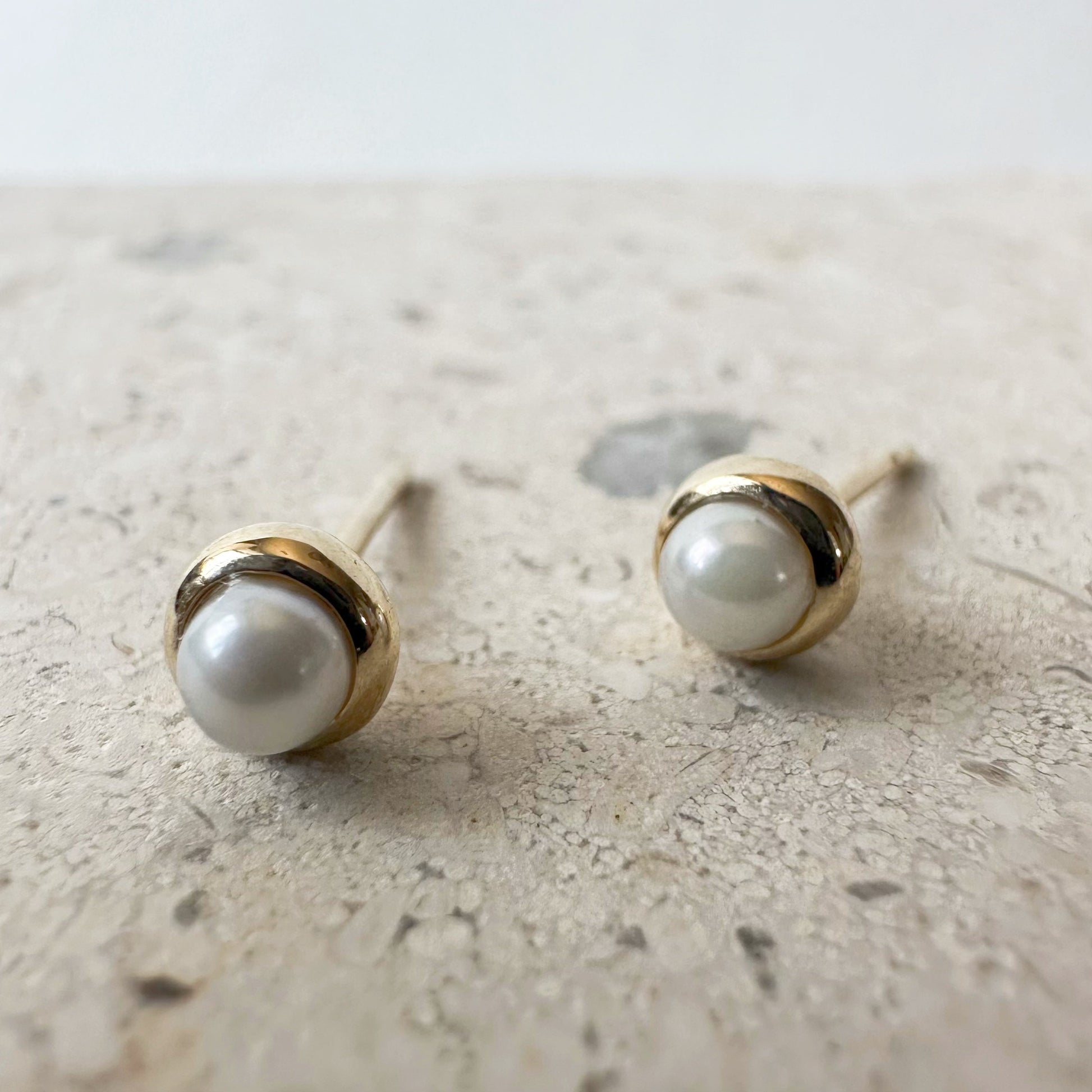 14K Solid Gold Genuine Akoya Pearl Bezel Studs/Pair