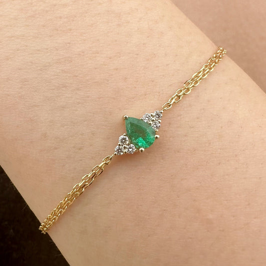 14K Solid Gold Genuine Emerald and Diamond Double Chain Bracelet