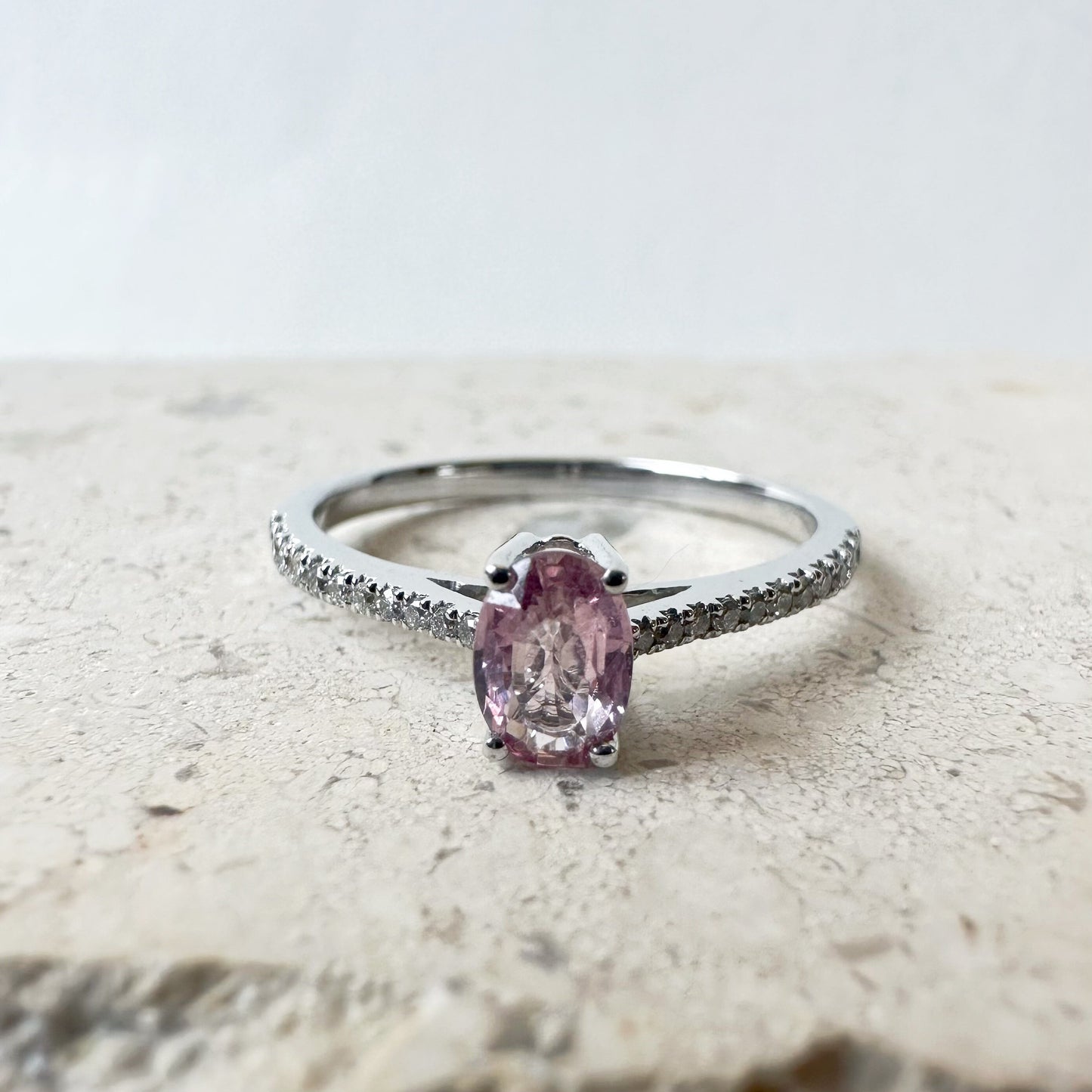 14K Solid White Gold Genuine Oval Pink Sapphire and Diamond Ring