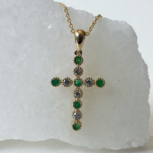 14K Solid Gold Genuine Emerald and Diamond Bezel Cross Pendant