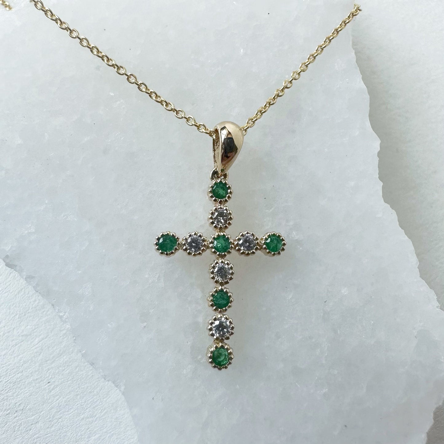 14K Solid Gold Genuine Emerald and Diamond Bezel Cross Pendant