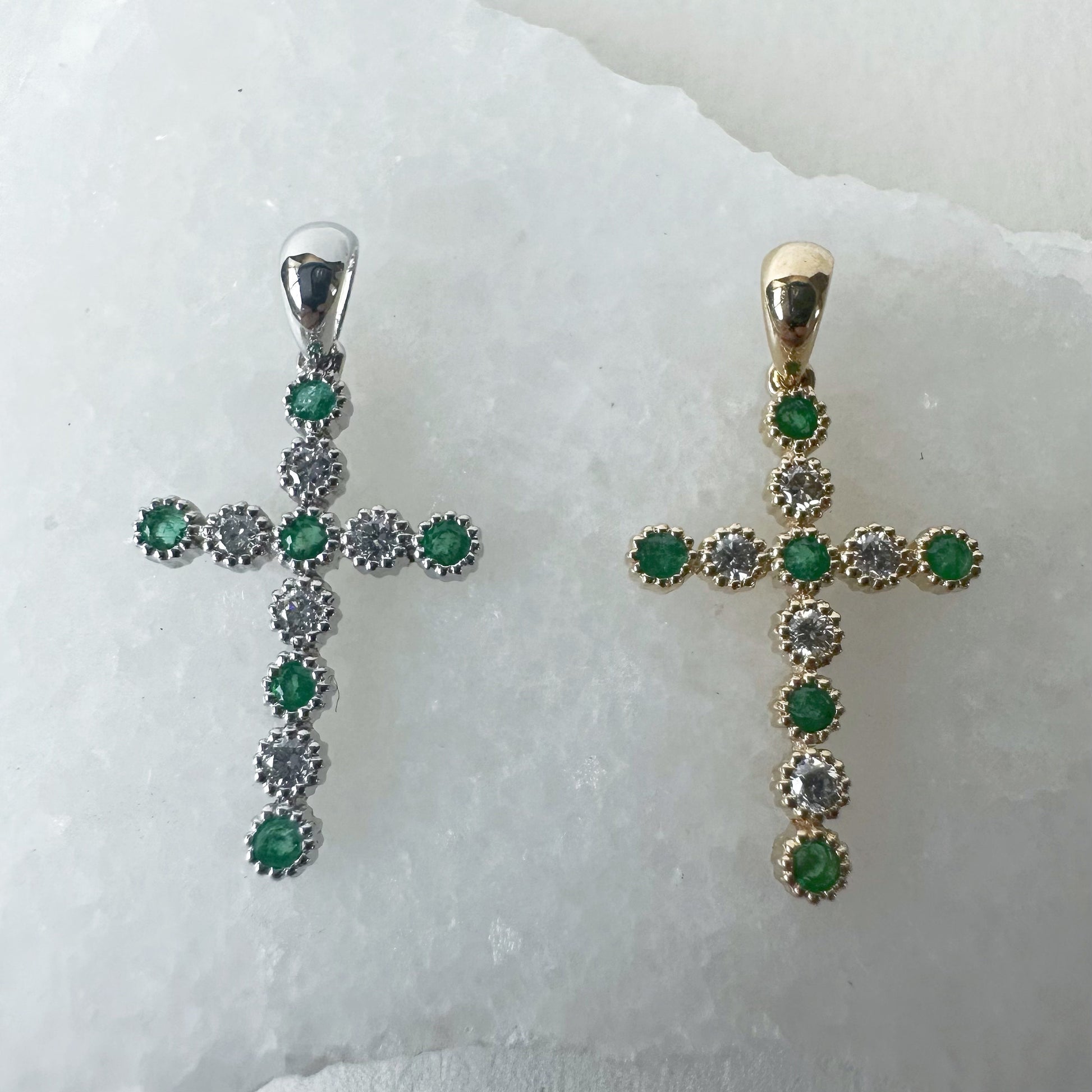 14K Solid Gold Genuine Emerald and Diamond Bezel Cross Pendant