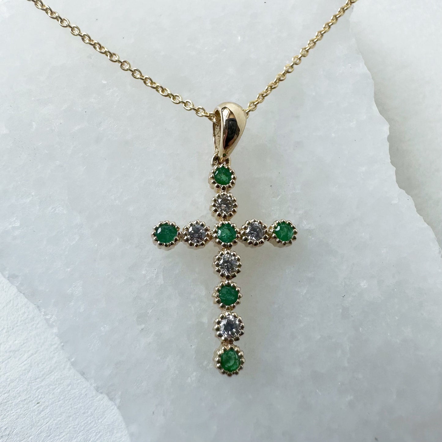 14K Solid Gold Genuine Emerald and Diamond Bezel Cross Pendant