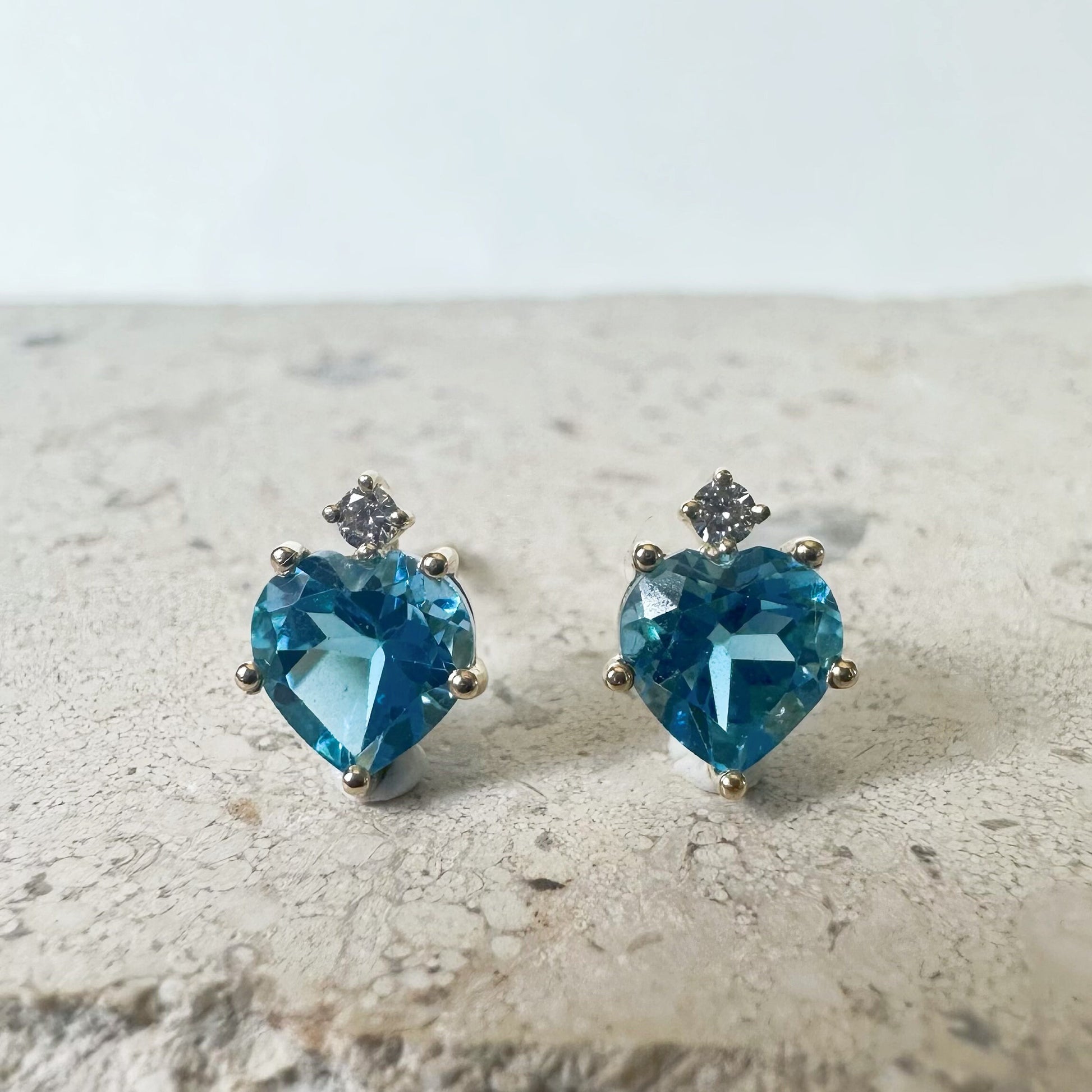 14K Solid Gold Genuine 2 Carat Blue Topaz and Diamond Heart Studs/Pair