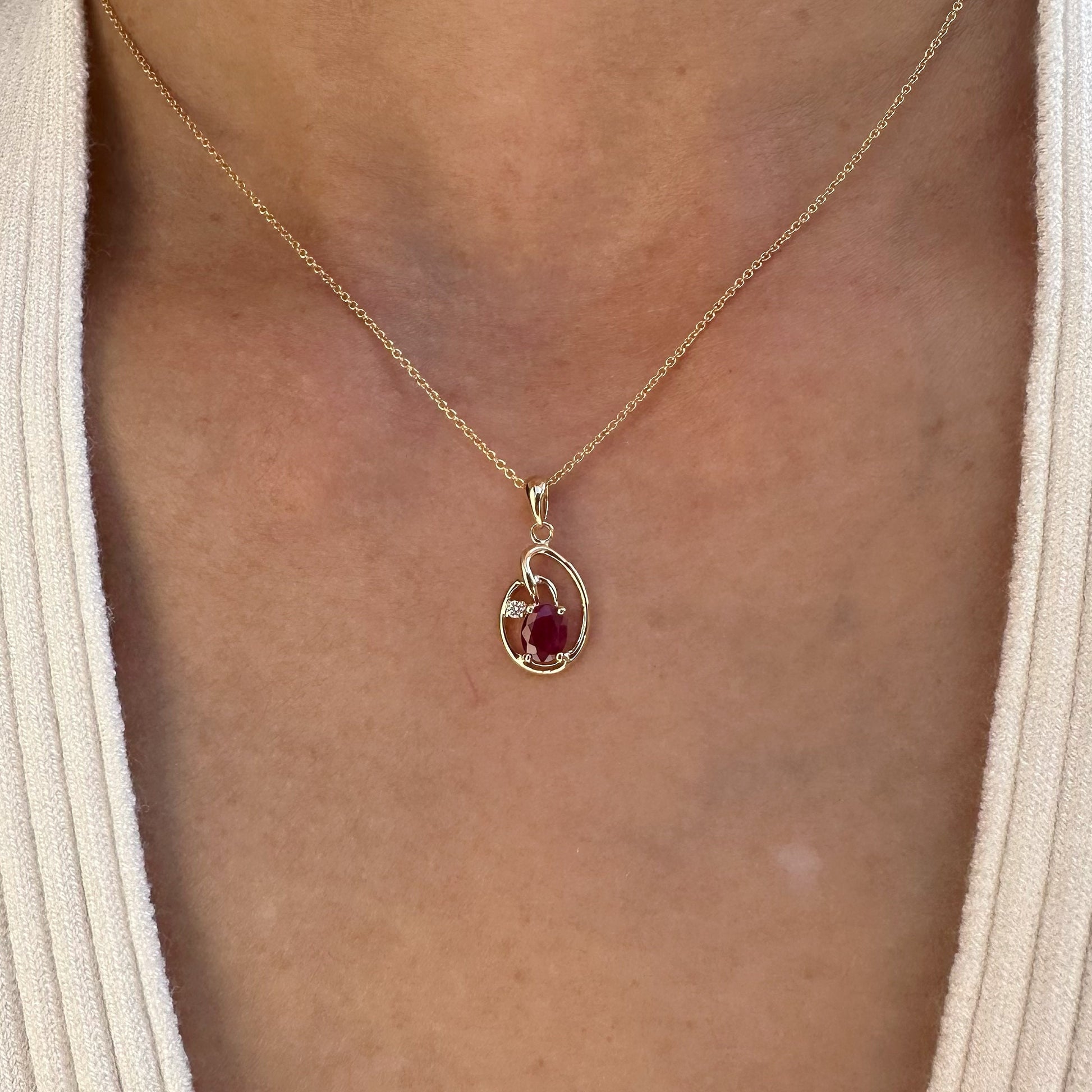 14K Solid Yellow Gold Genuine Ruby and Diamond Pendant