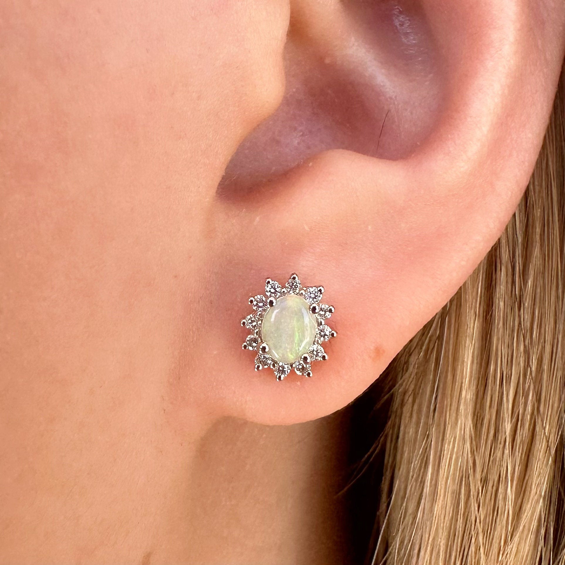 14K Solid Gold Genuine Opal and Diamond Studs