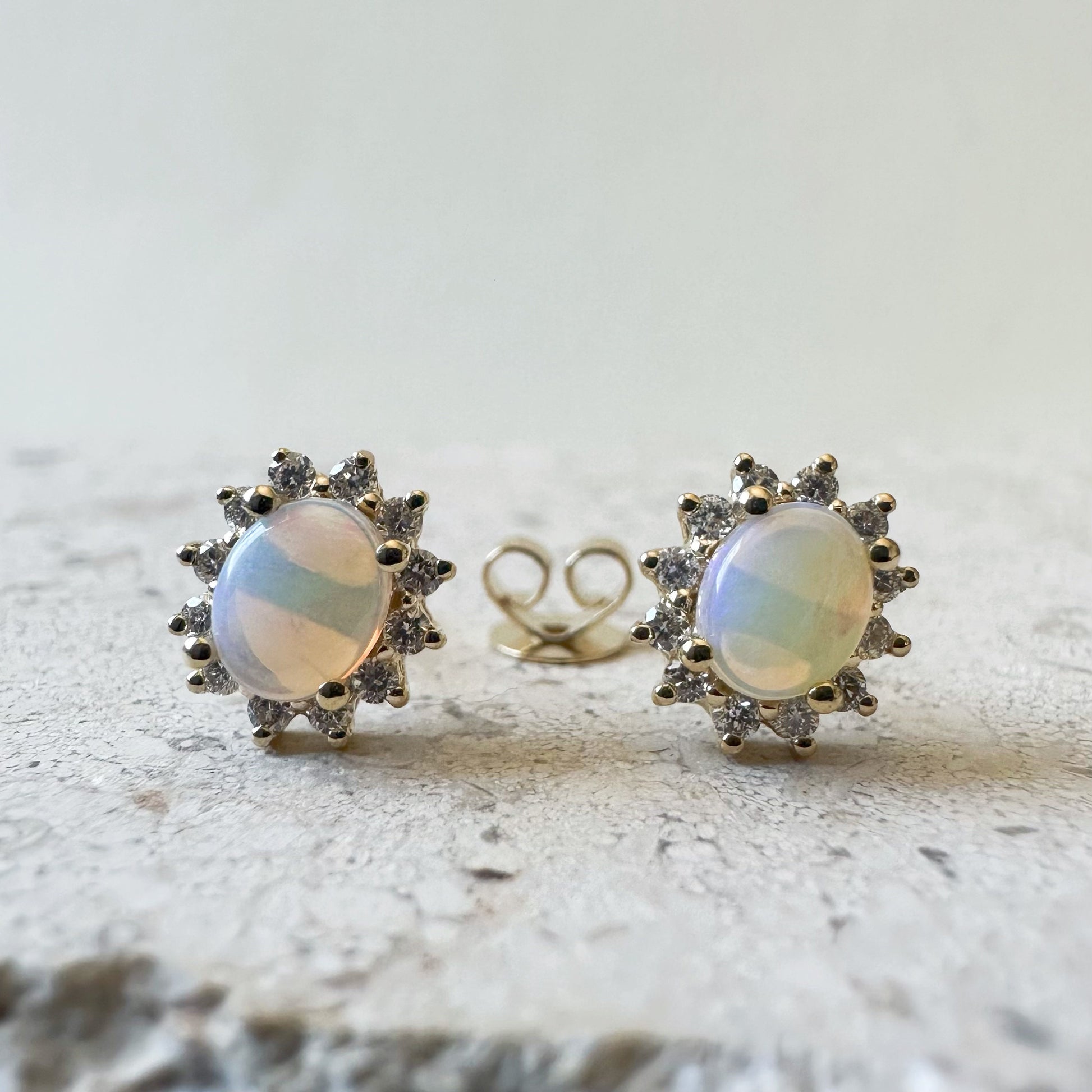 14K Solid Gold Genuine Opal and Diamond Studs