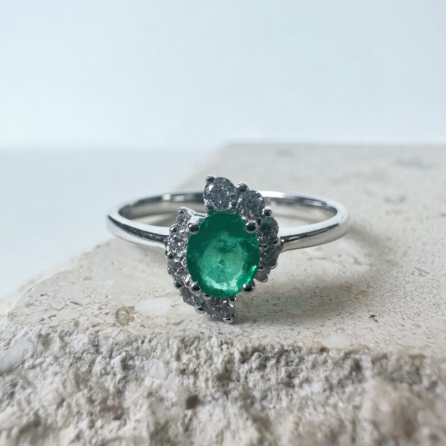 14K Solid White Gold Genuine Diamond and Emerald Swirl Ring