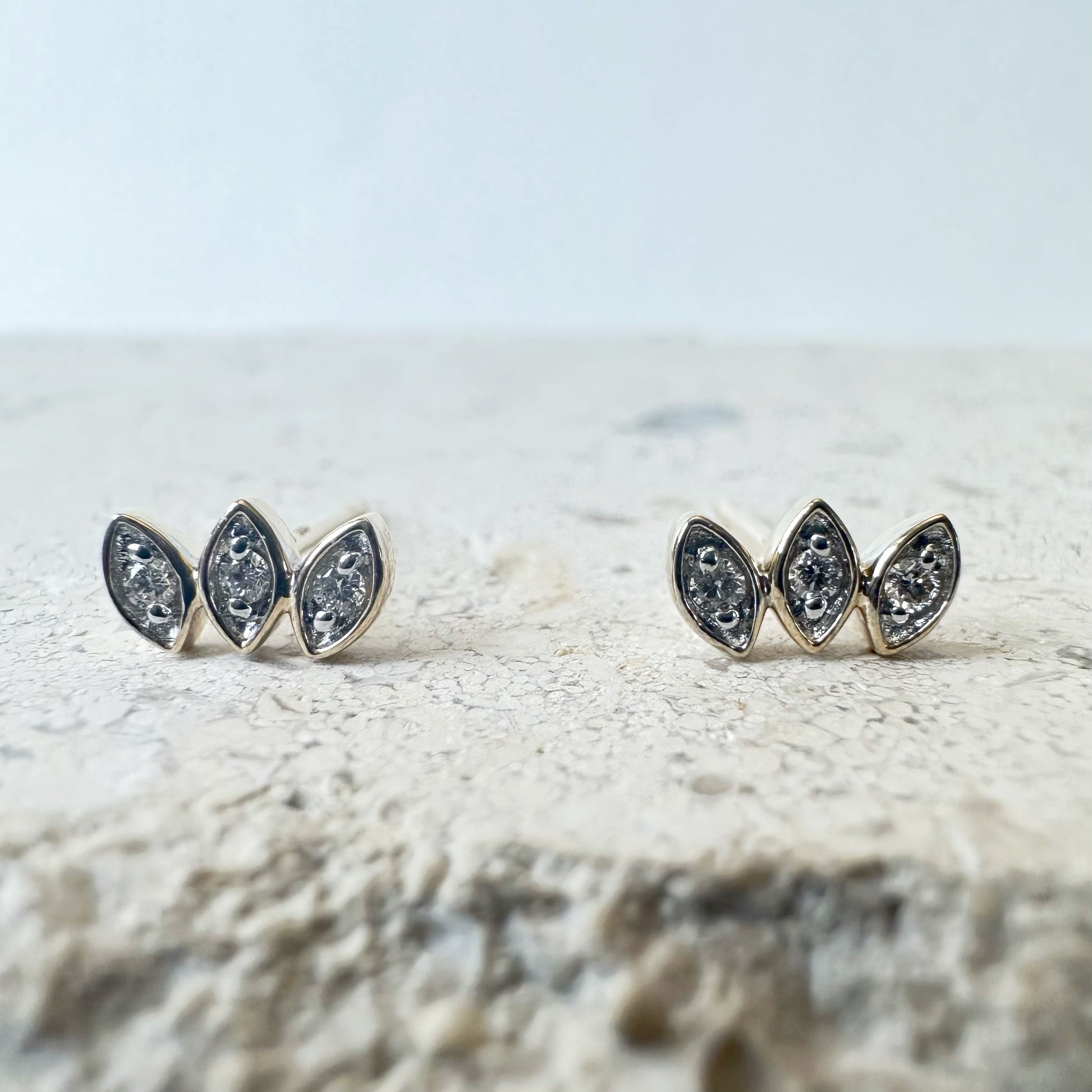 14K Solid Gold Genuine Diamond Bezel Leaf Studs/Pair