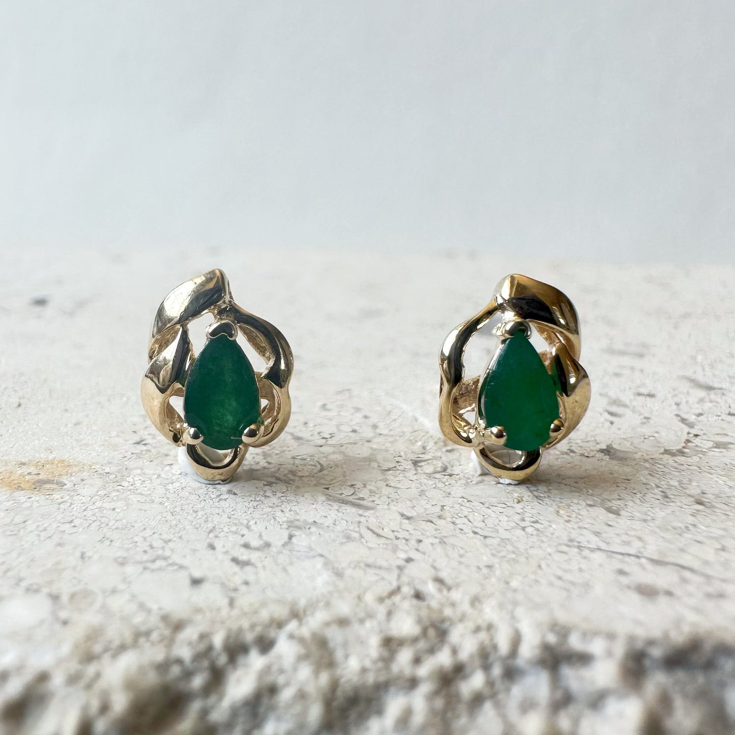 14K Solid Gold Genuine Teardrop Emerald Studs/Pair