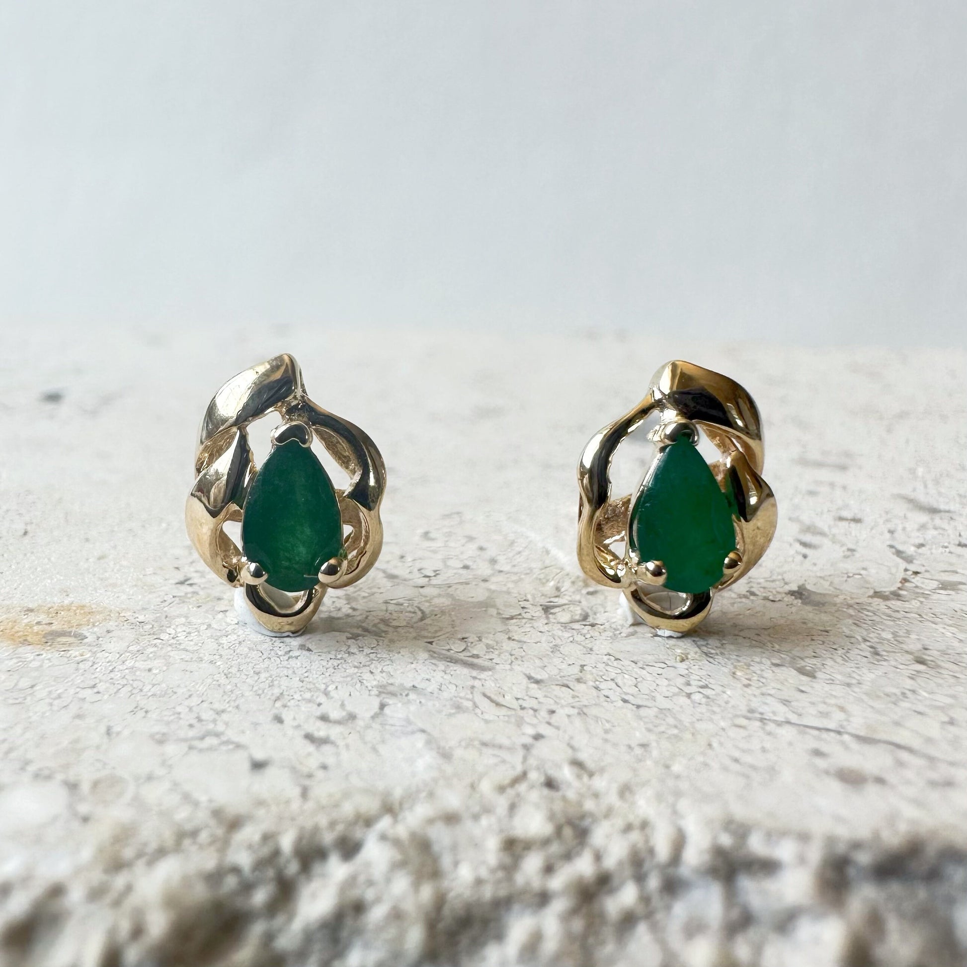 14K Solid Gold Genuine Teardrop Emerald Studs/Pair