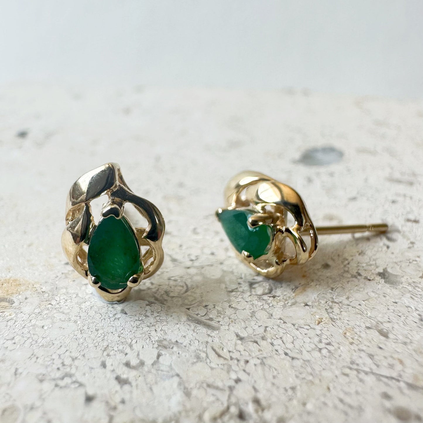 14K Solid Gold Genuine Teardrop Emerald Studs/Pair