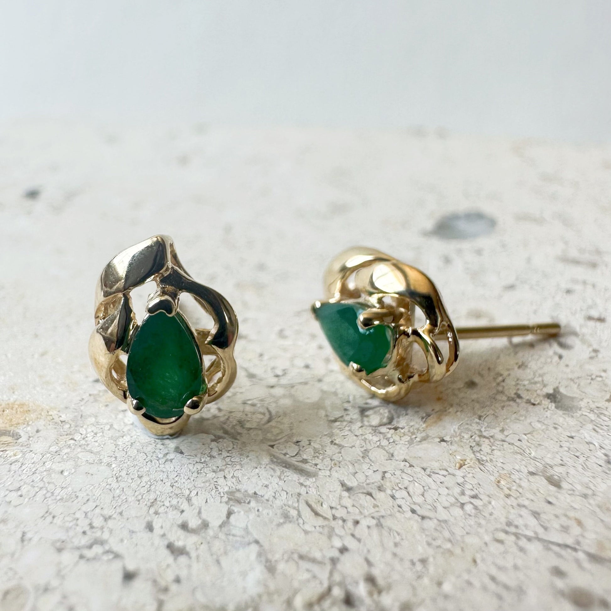 14K Solid Gold Genuine Teardrop Emerald Studs/Pair