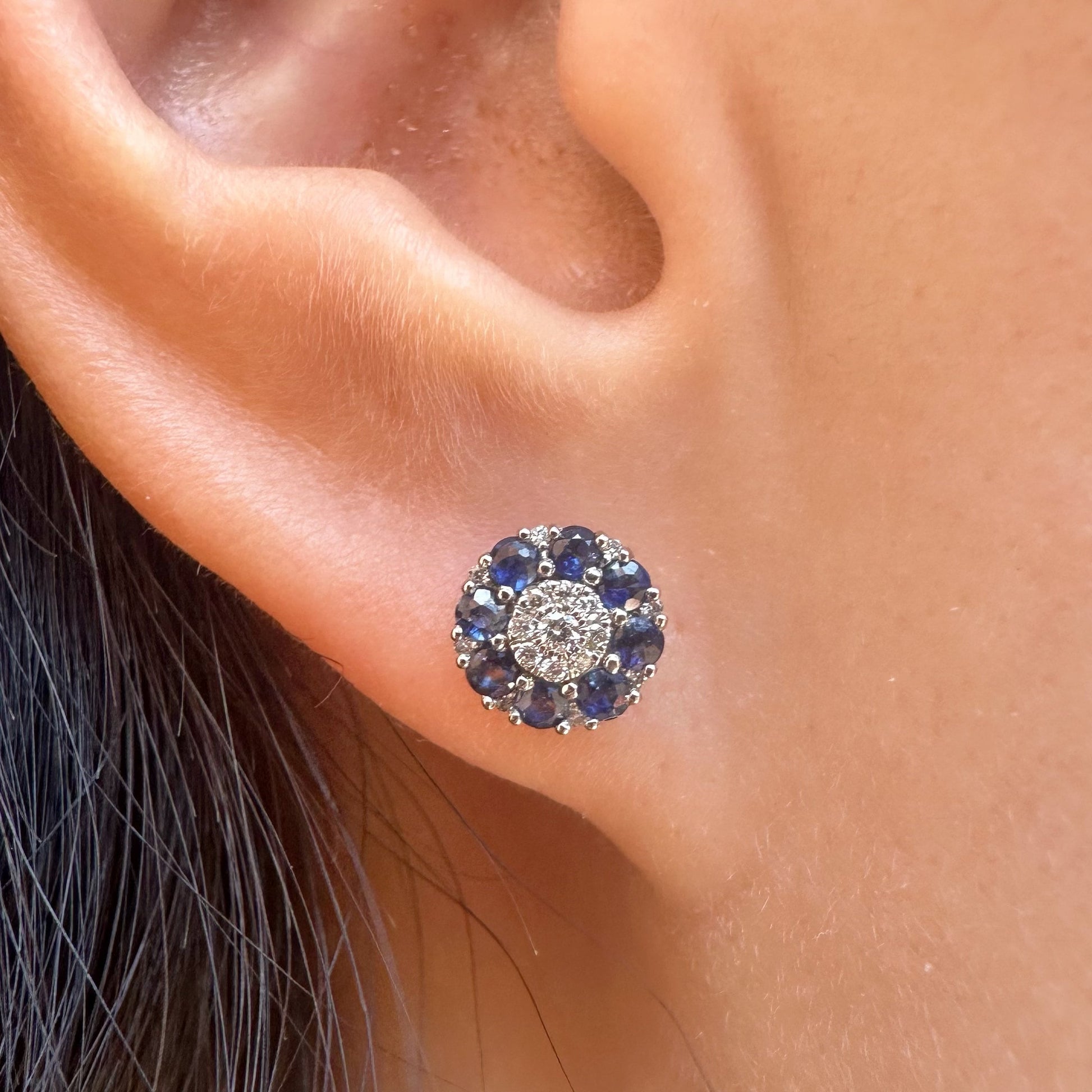 14K Solid White Gold Genuine Sapphire and Pave Diamond Flower Studs/Pair