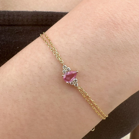 14K Solid Gold Genuine Pink Sapphire and Diamond Double Chain Bracelet