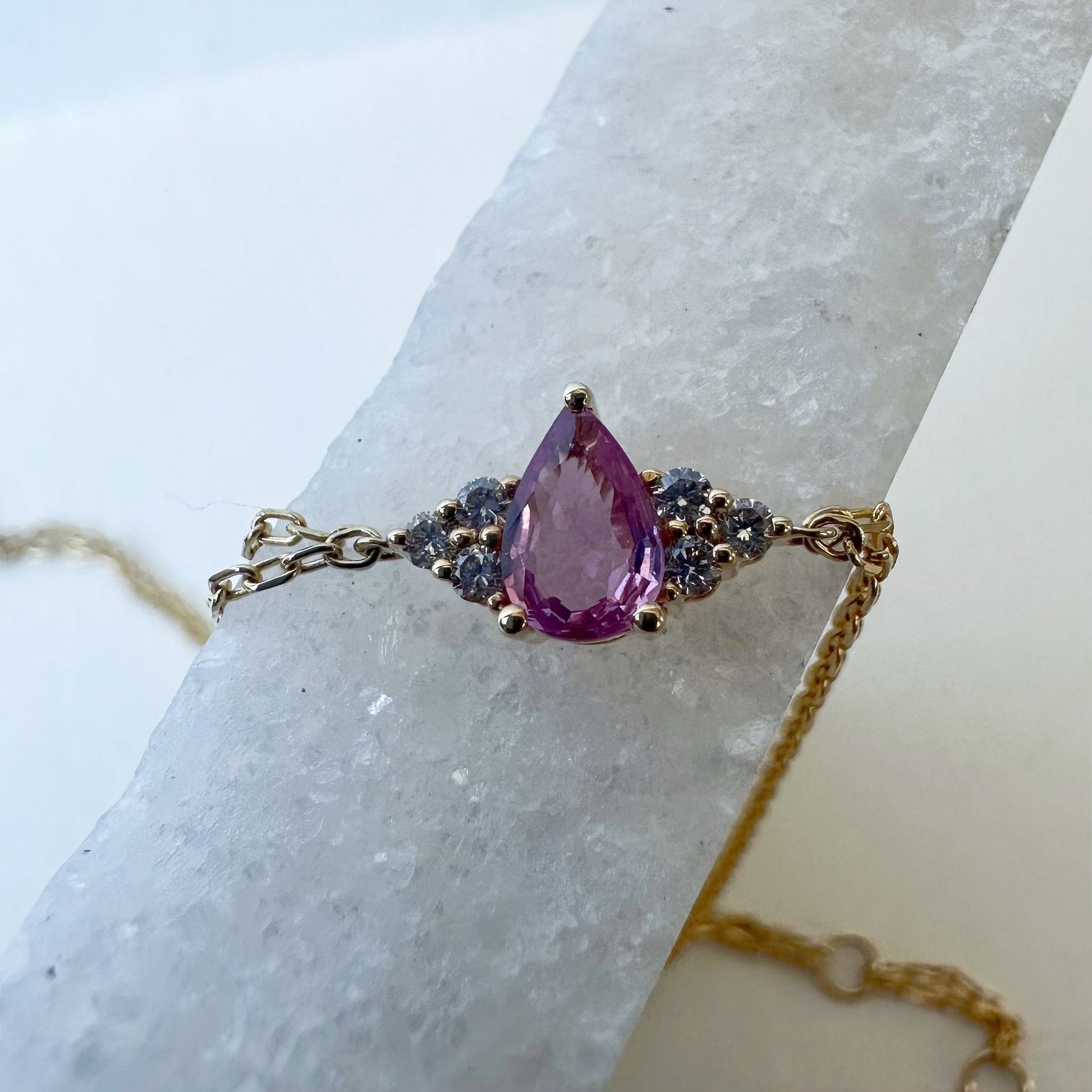 14K Solid Gold Genuine Pink Sapphire and Diamond Double Chain Bracelet