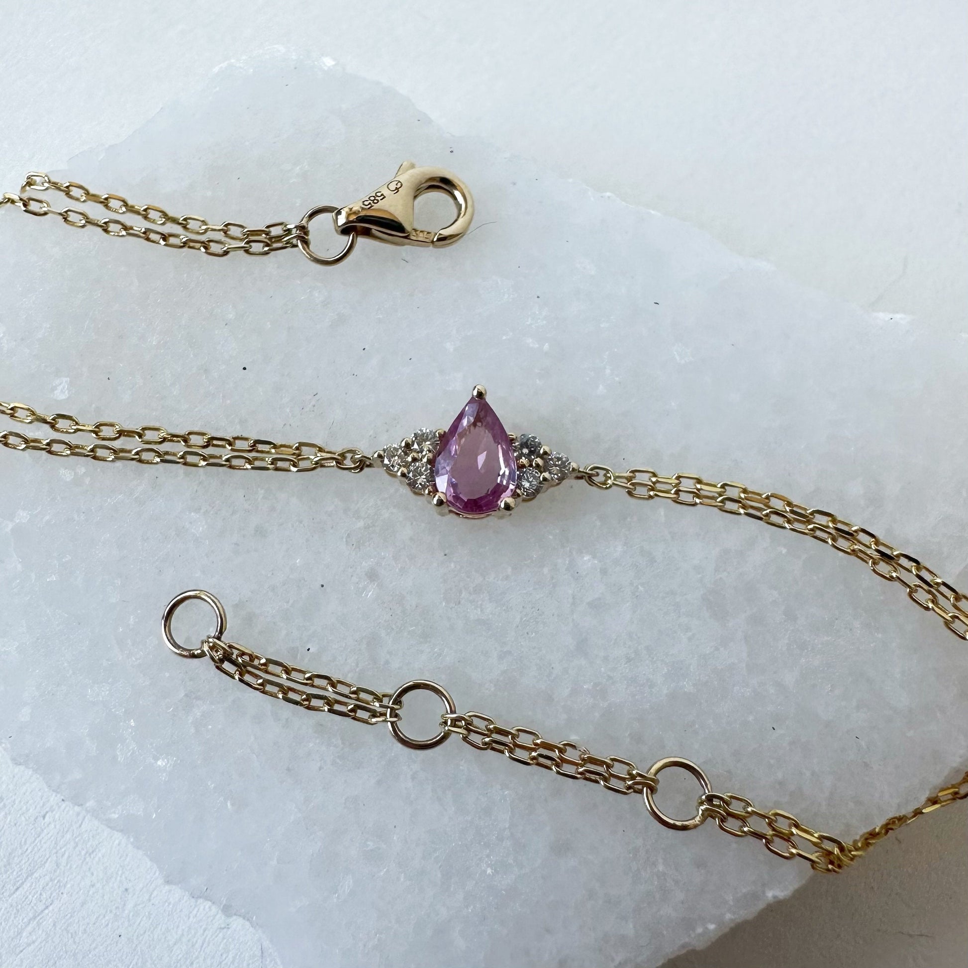 14K Solid Gold Genuine Pink Sapphire and Diamond Double Chain Bracelet