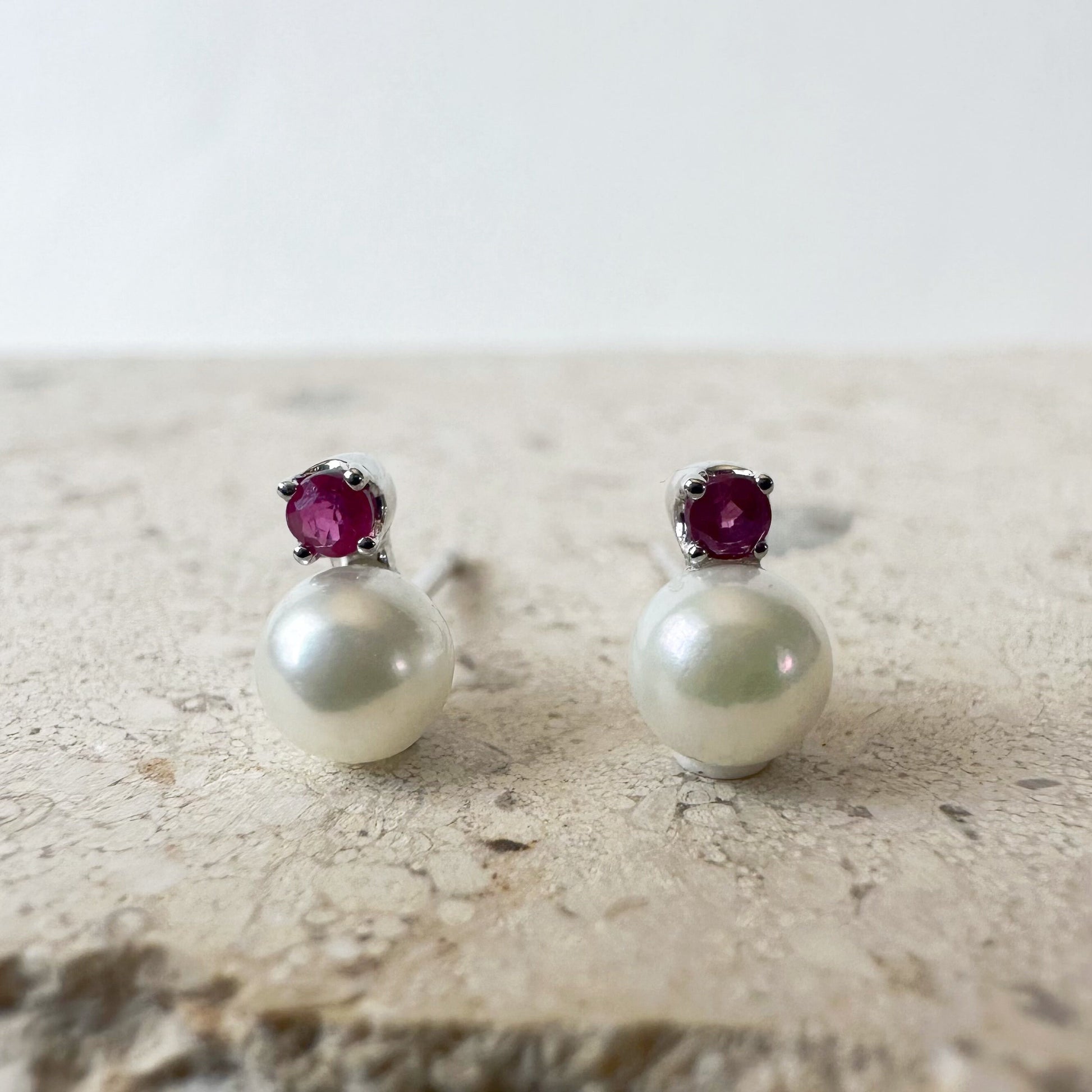 14K Solid Gold Genuine Akoya Pearl and Ruby Studs/Pair