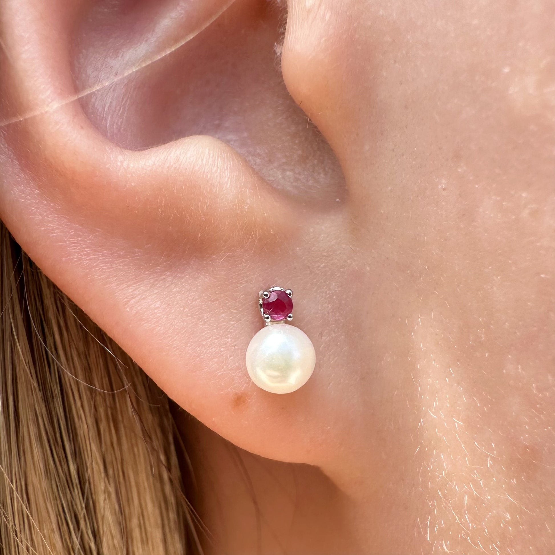 14K Solid Gold Genuine Akoya Pearl and Ruby Studs/Pair