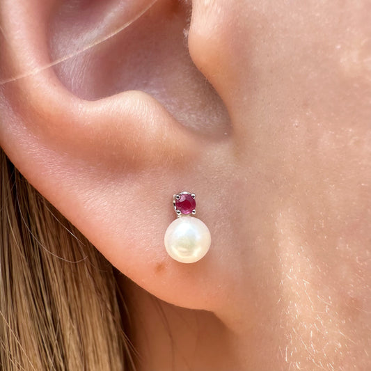 14K Solid Gold Genuine Akoya Pearl and Ruby Studs/Pair