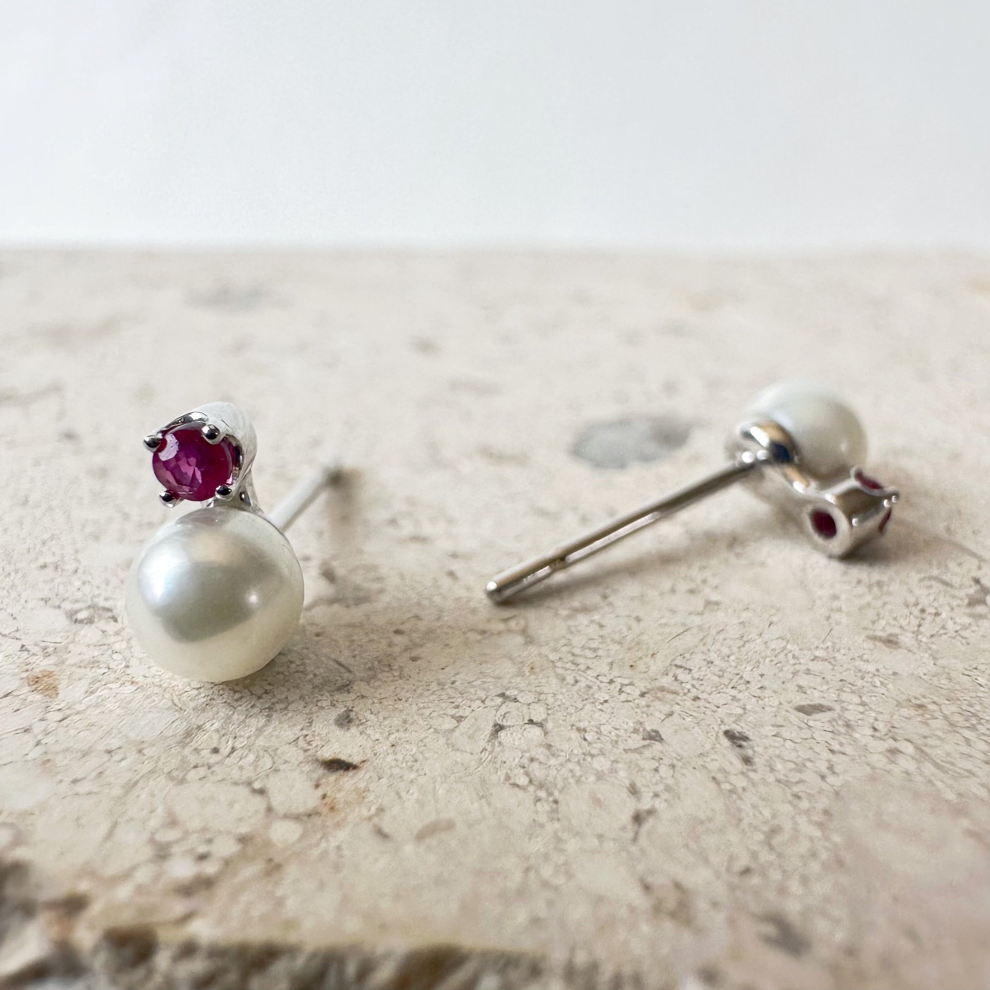 14K Solid Gold Genuine Akoya Pearl and Ruby Studs/Pair