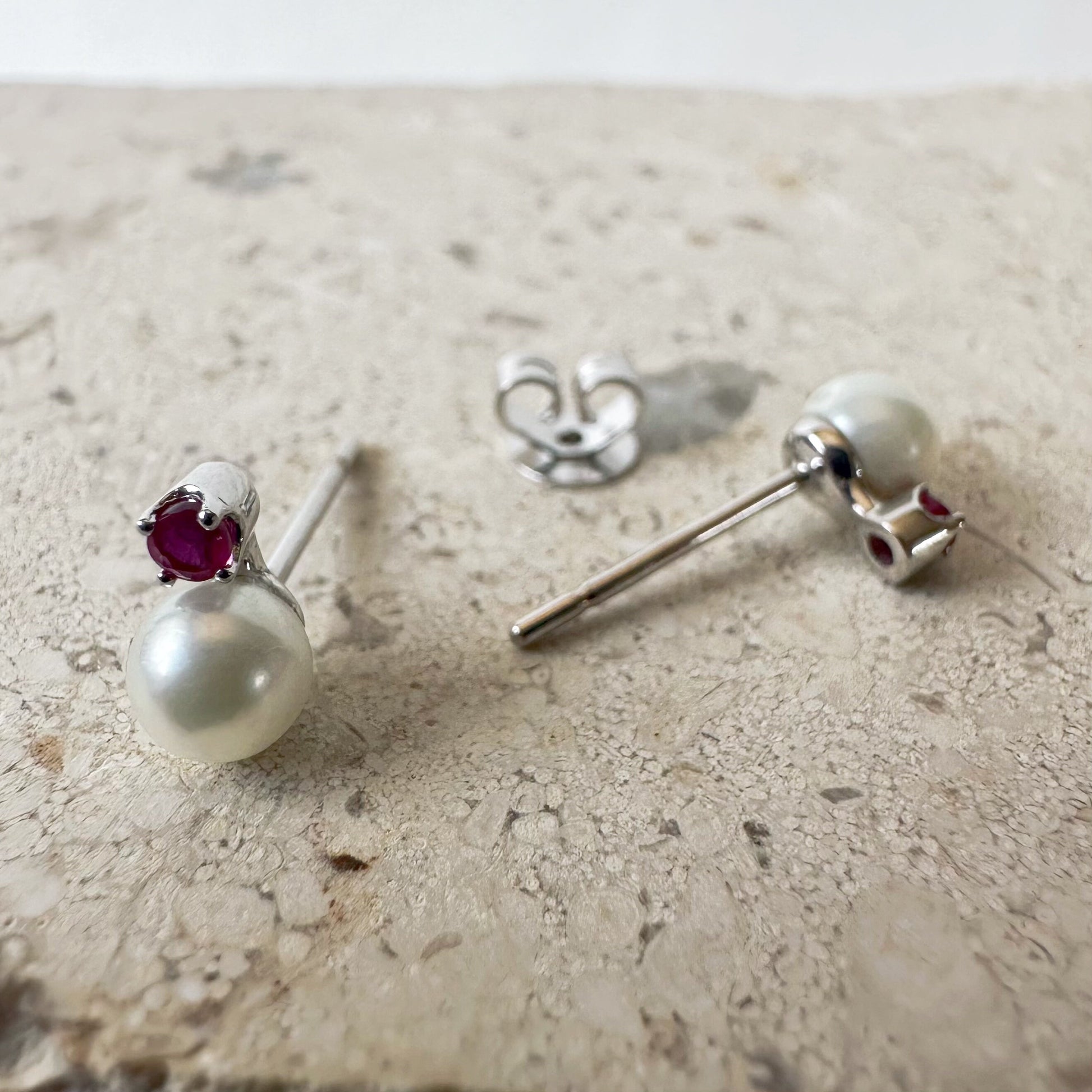 14K Solid Gold Genuine Akoya Pearl and Ruby Studs/Pair