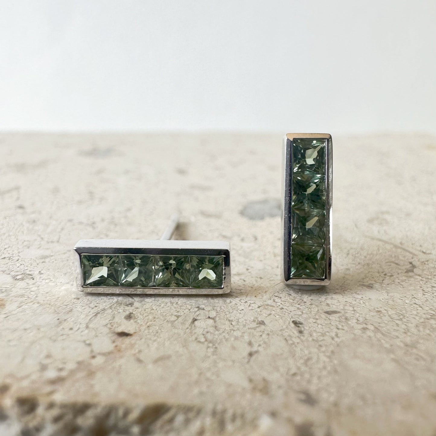 14K Solid Gold Genuine Green Sapphire Bezel Bar Studs/Pair