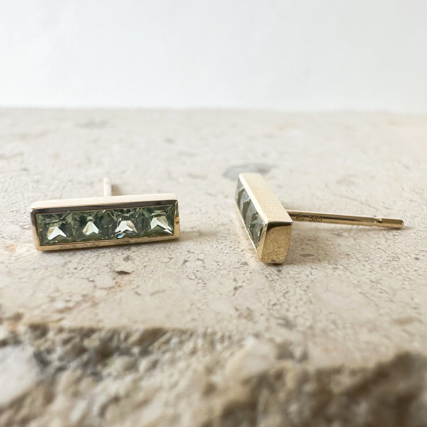 14K Solid Gold Genuine Green Sapphire Bezel Bar Studs/Pair