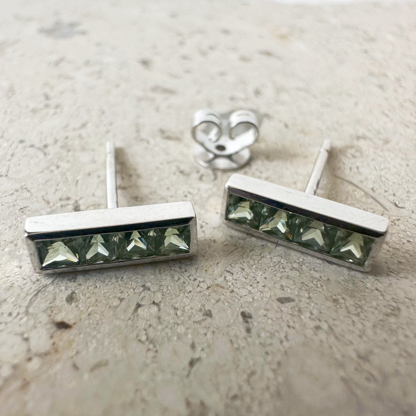 14K Solid Gold Genuine Green Sapphire Bezel Bar Studs/Pair